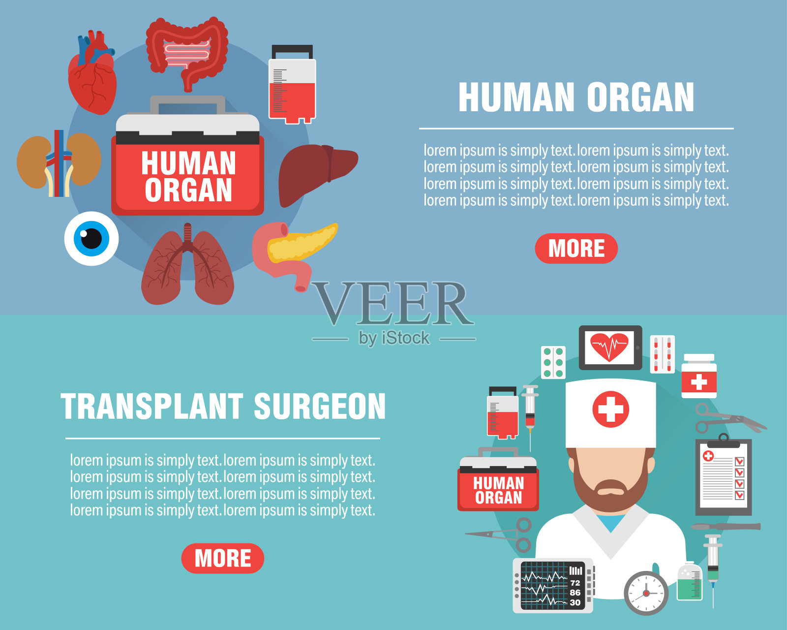 医疗平面横幅设计套装。移植外科医生和人体器官图标。供移植的人体器官插画图片素材