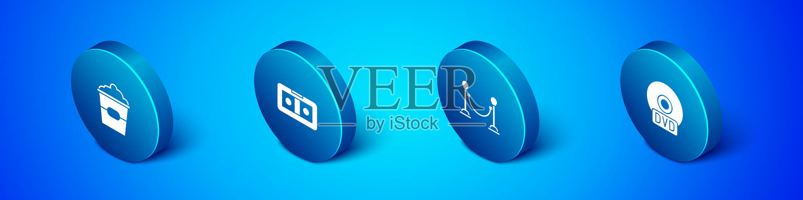 设置盒内等距爆米花、绳障、CD DVD盘和VHS录像带图标。向量图标素材