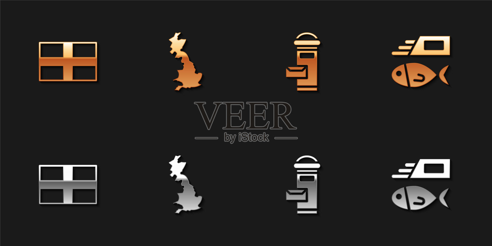 设置英国国旗，地图，伦敦邮箱和炸鱼薯条图标。向量图标素材