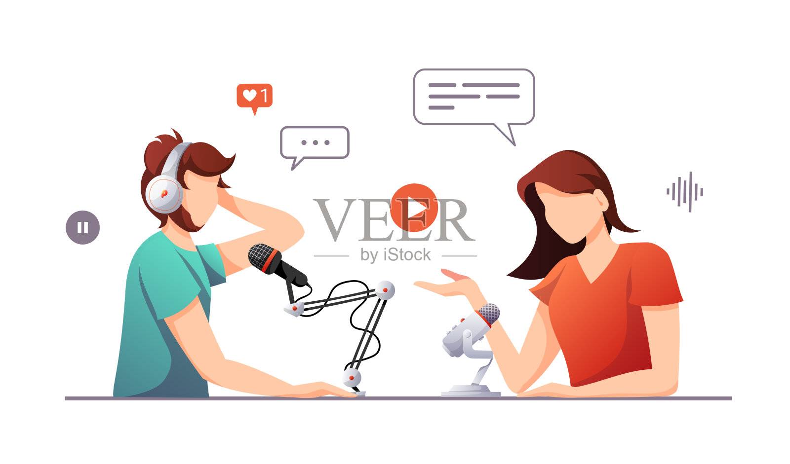 戴着麦克风和耳机的人。流媒体，在线节目，采访，博客，播客，广播广播概念。插画图片素材