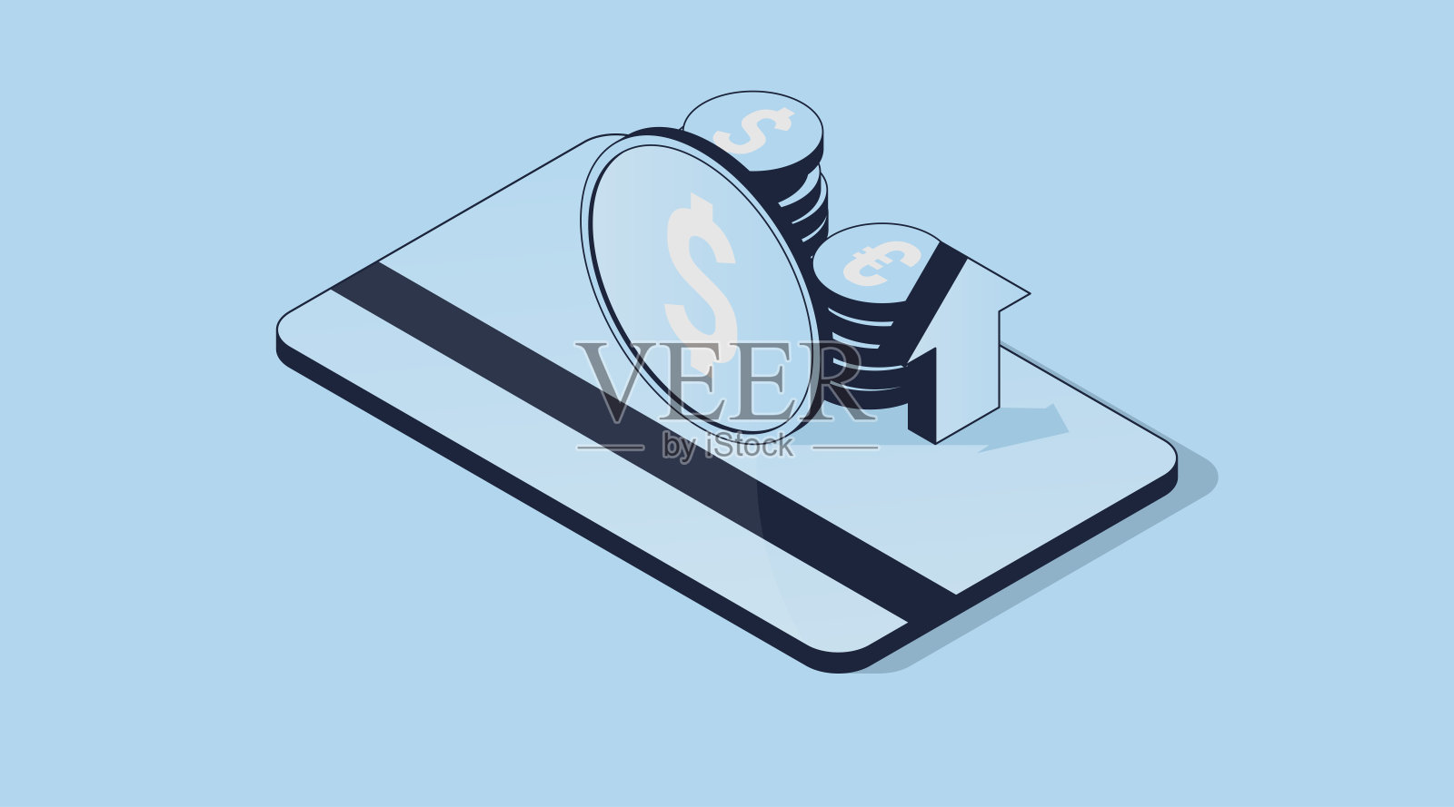 带有美元和欧元硬币的塑料银行卡。向上箭头。等距蓝色3d矢量插图。财务现金利润和家庭预算的补充插画图片素材