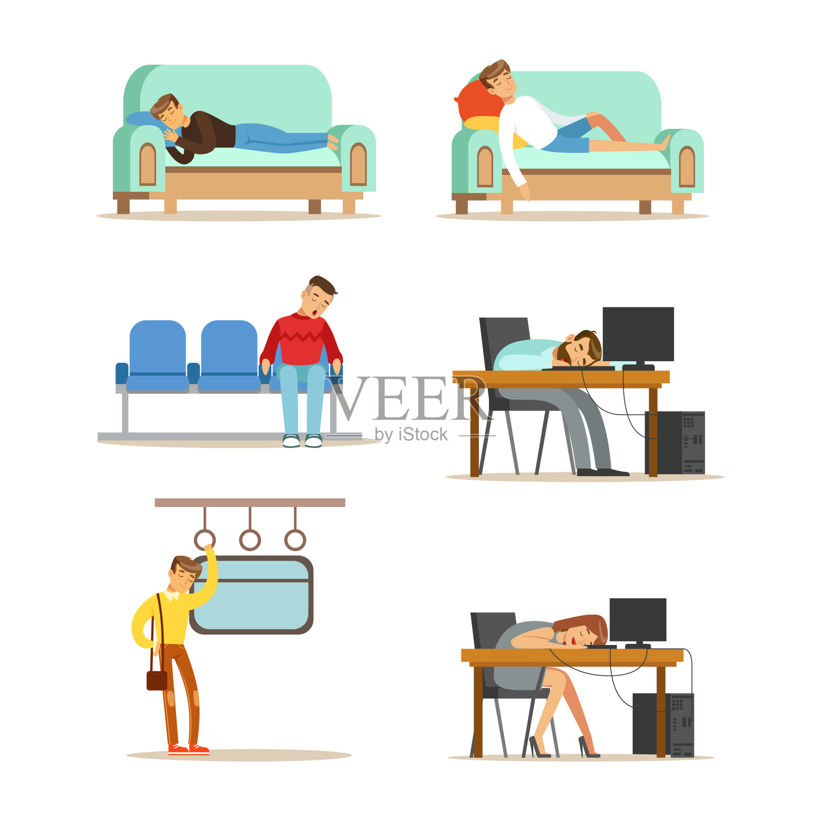 人物在不同的地方以不同的姿势睡觉向量集插画图片素材