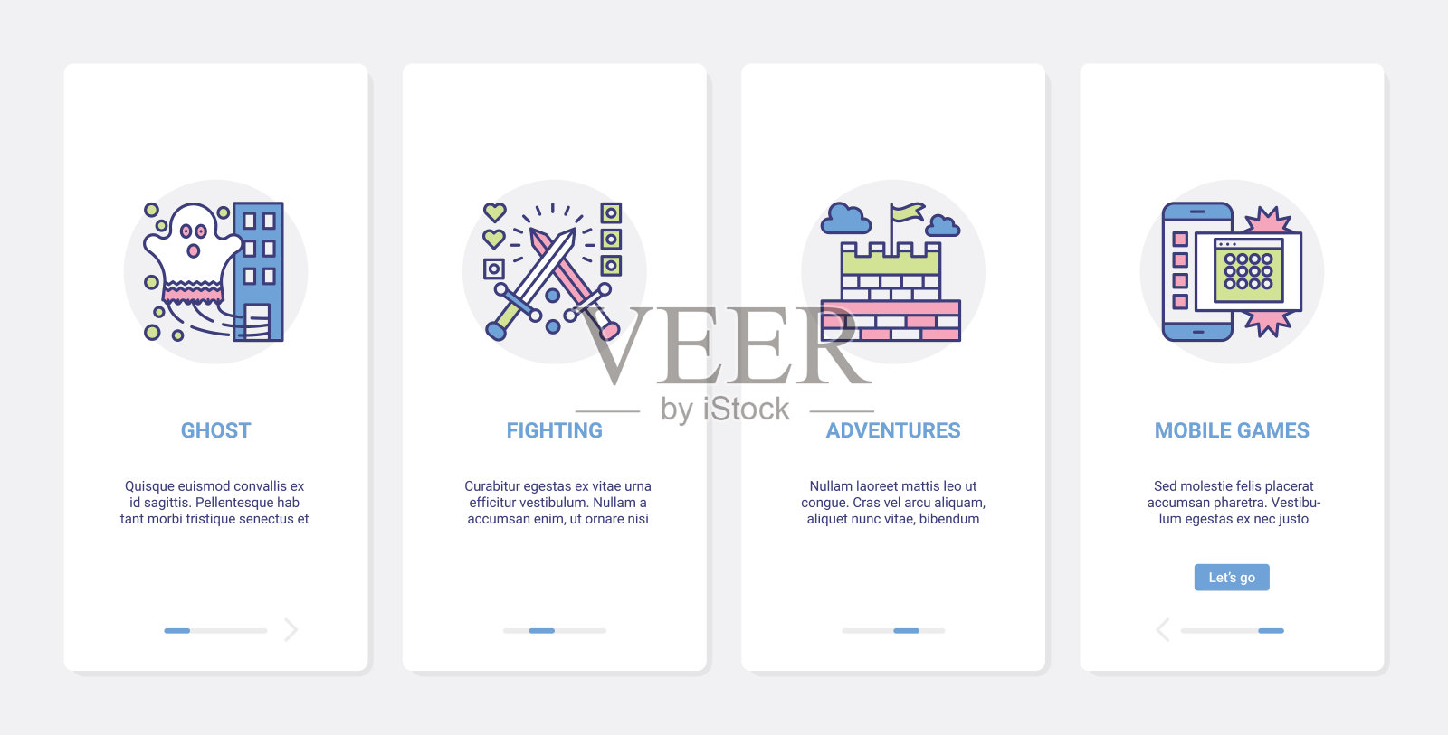 电子游戏，线不同游戏类型的UI, UX上线手机应用页面的屏幕设置插画图片素材