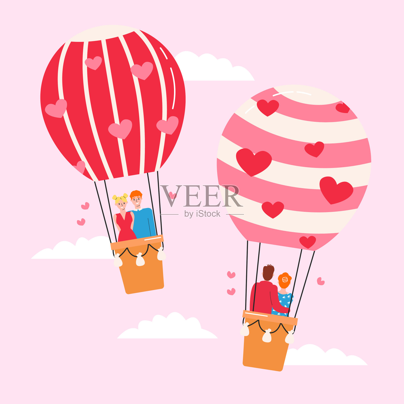 两个气球和心爱的情侣在天空中飞翔插画图片素材