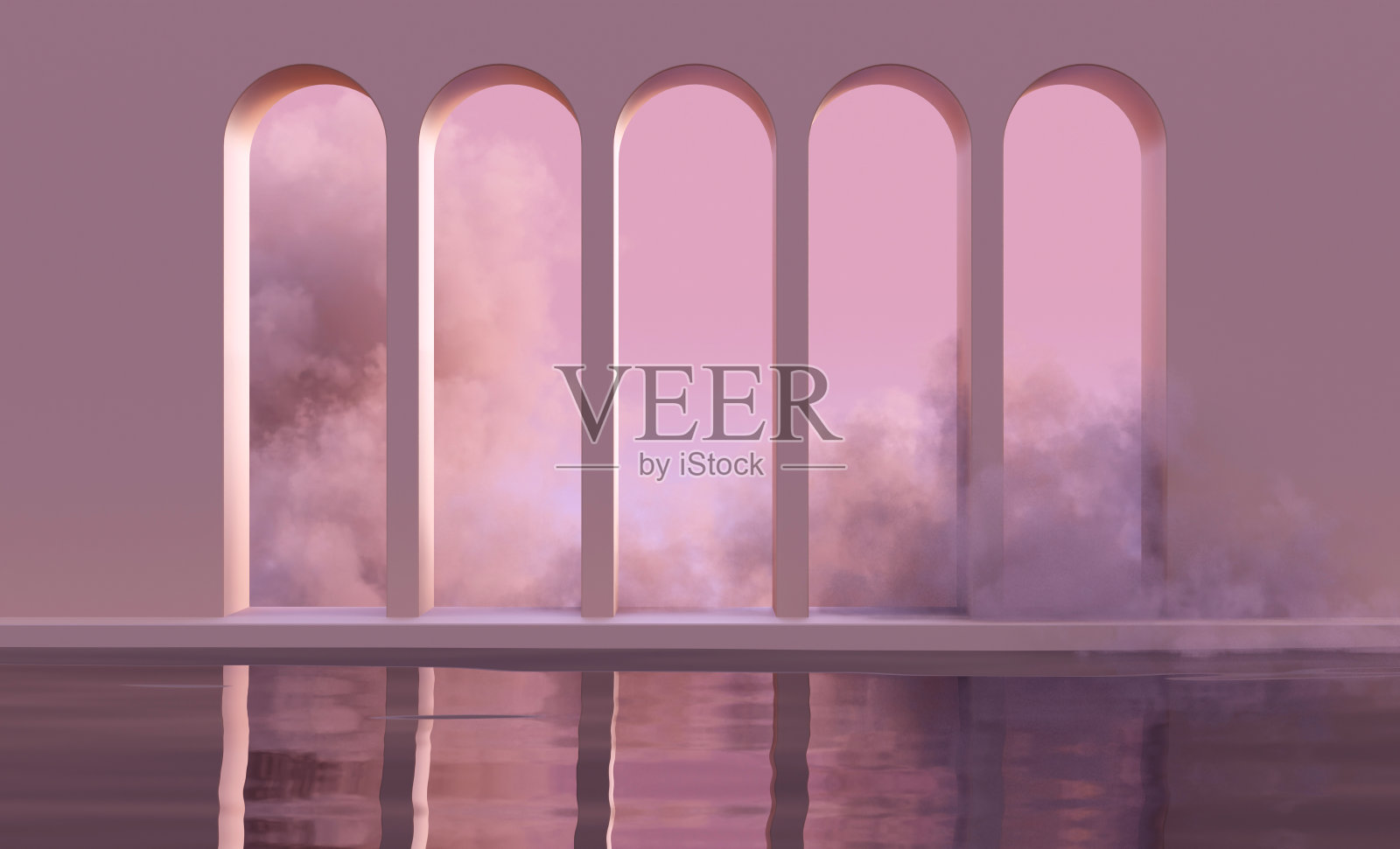 3D模拟的讲台与抽象的拱形水上云或烟在自然的粉红色日落光。抽象时尚的波西米亚背景产品介绍中世纪风格。照片摄影图片