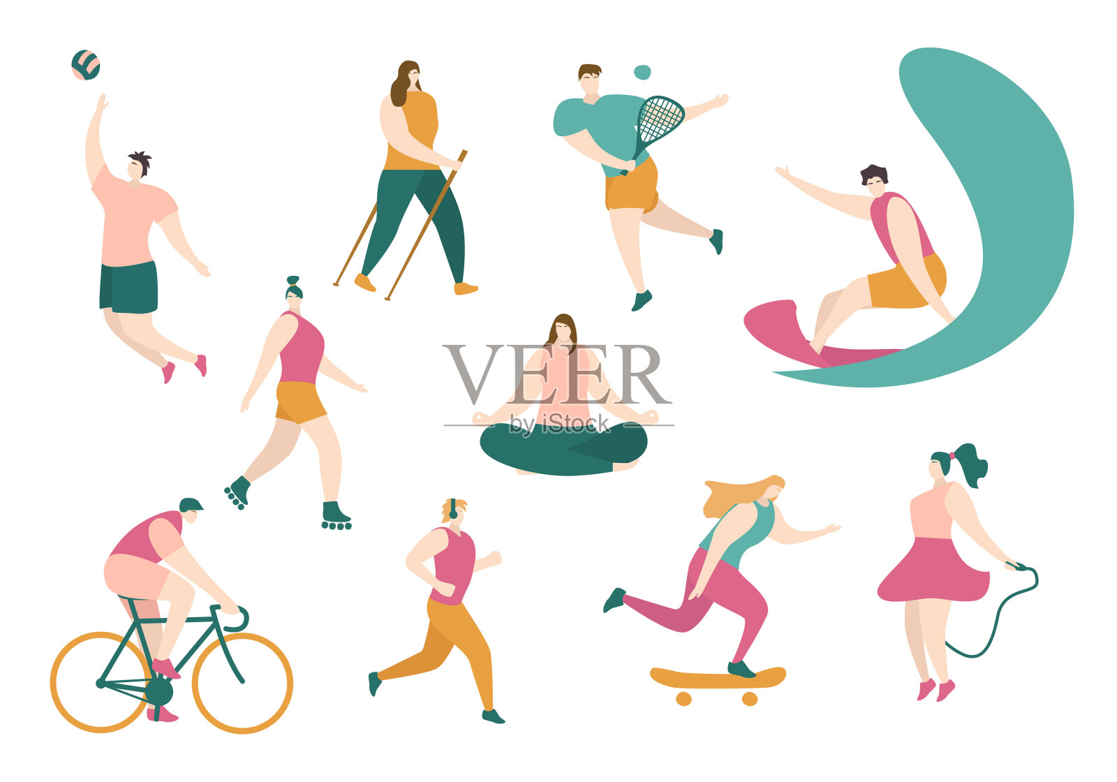 有趣的男人和女人从事不同的运动。集。身体活动，健康的生活方式。户外健身插画图片素材