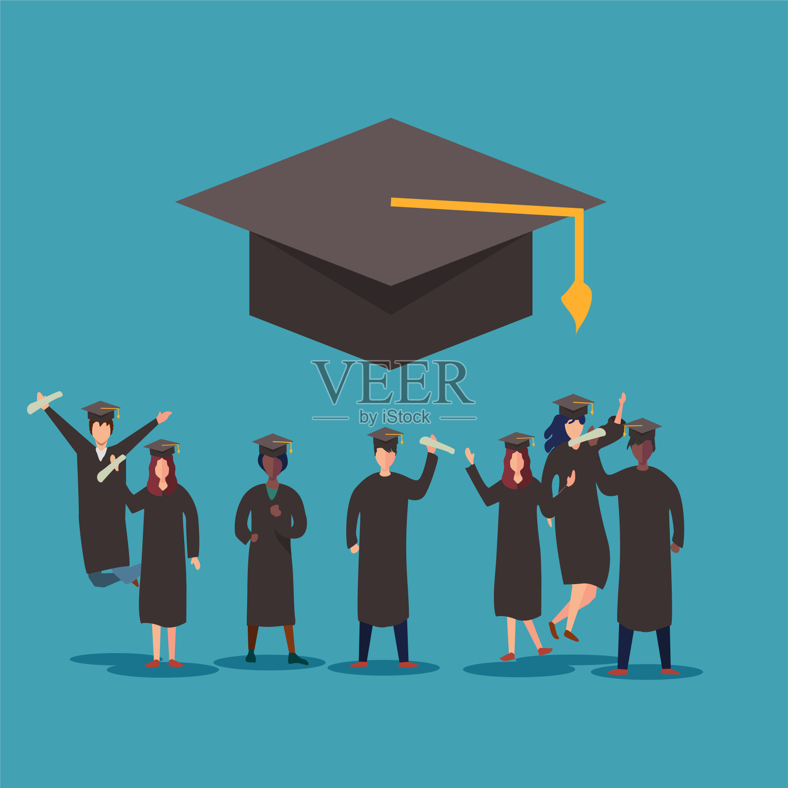 大学生们兴高采烈地拿着文凭插画图片素材