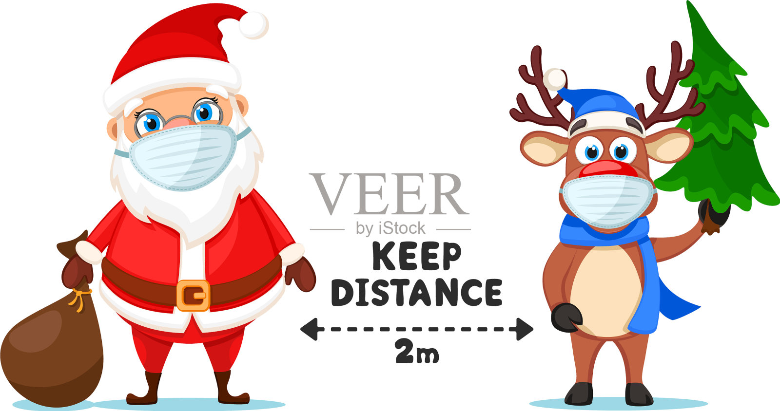戴面具的圣诞老人和戴面具的驯鹿在一起插画图片素材