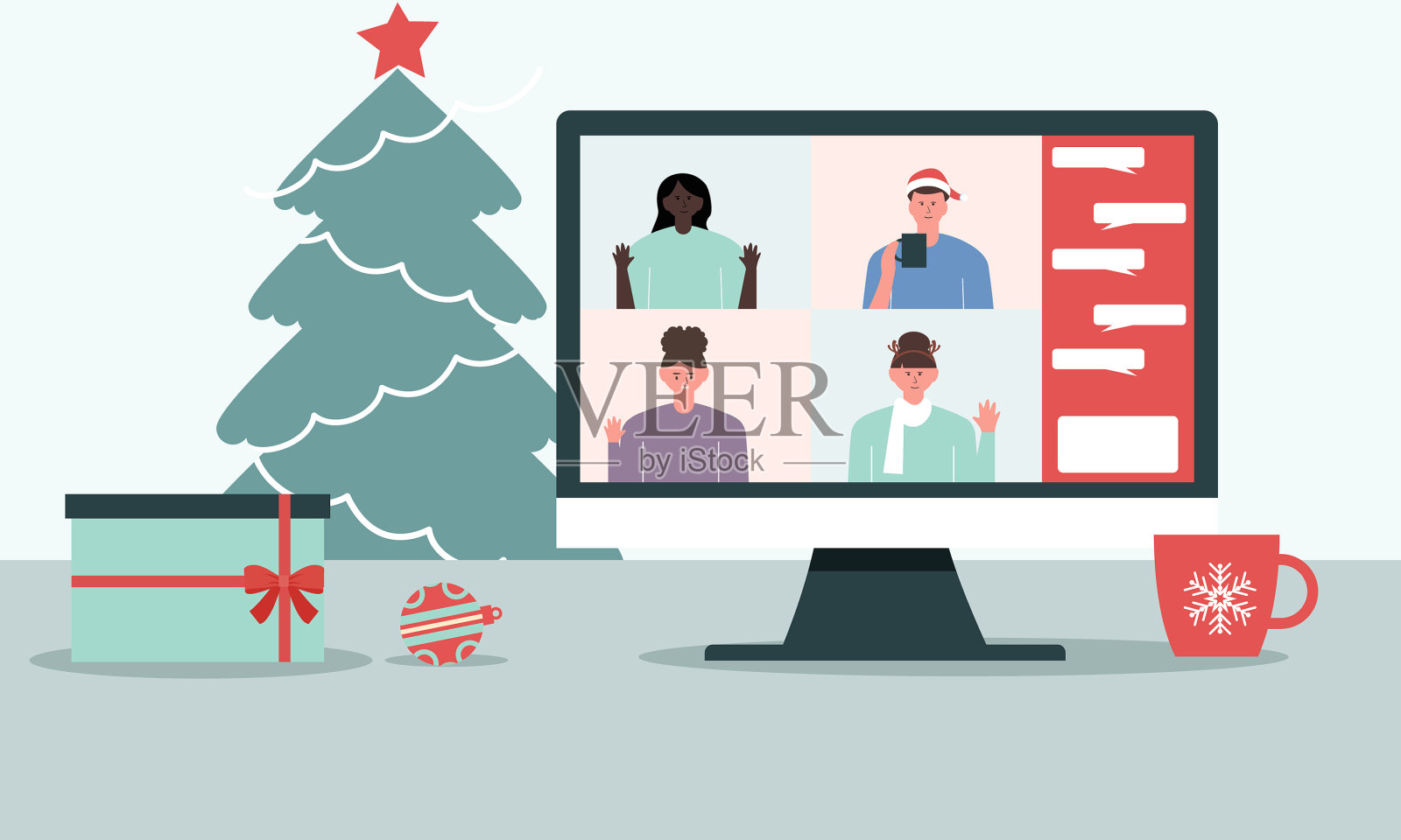 通过视频电话在线庆祝圣诞插画图片素材