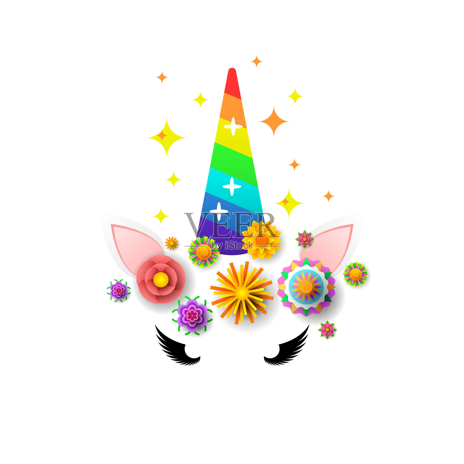 难以置信的抽象颜色可爱的独角兽角花彩虹阴影矢量设计卡风格插画图片素材