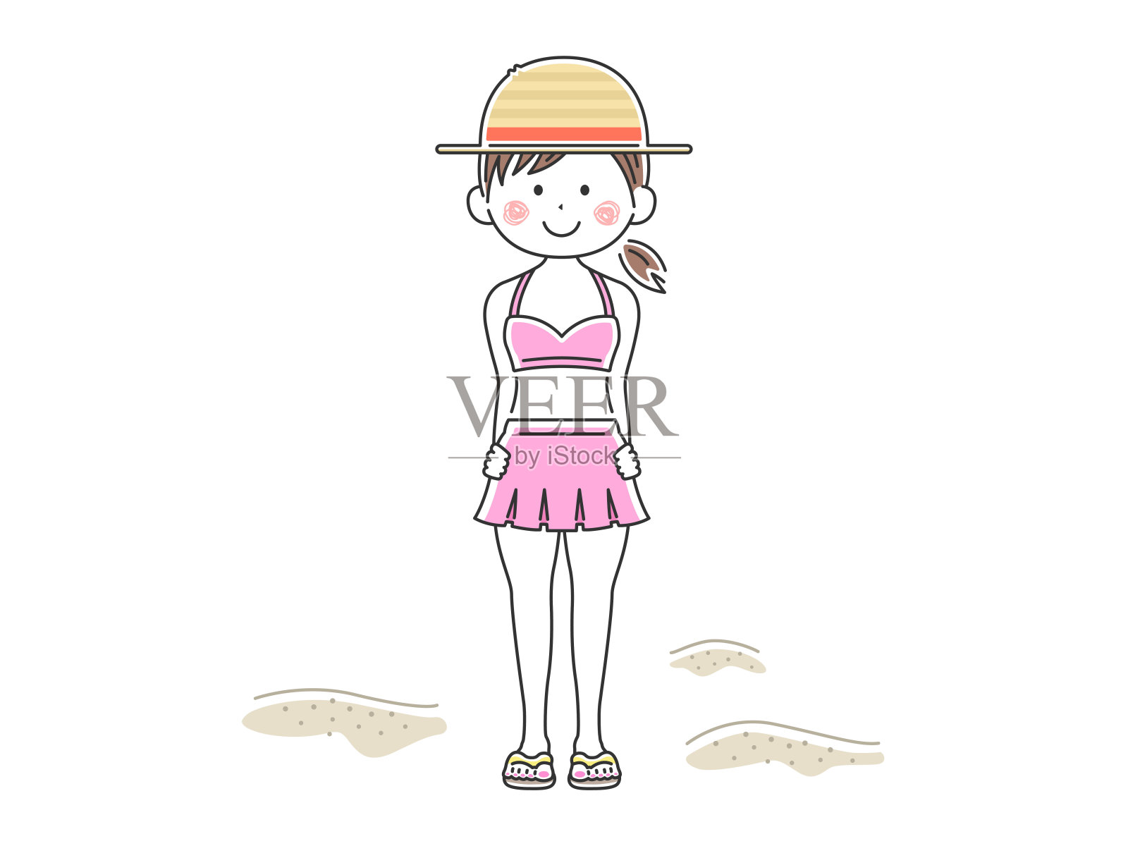 一个穿着泳衣戴着草帽的女人。插画图片素材