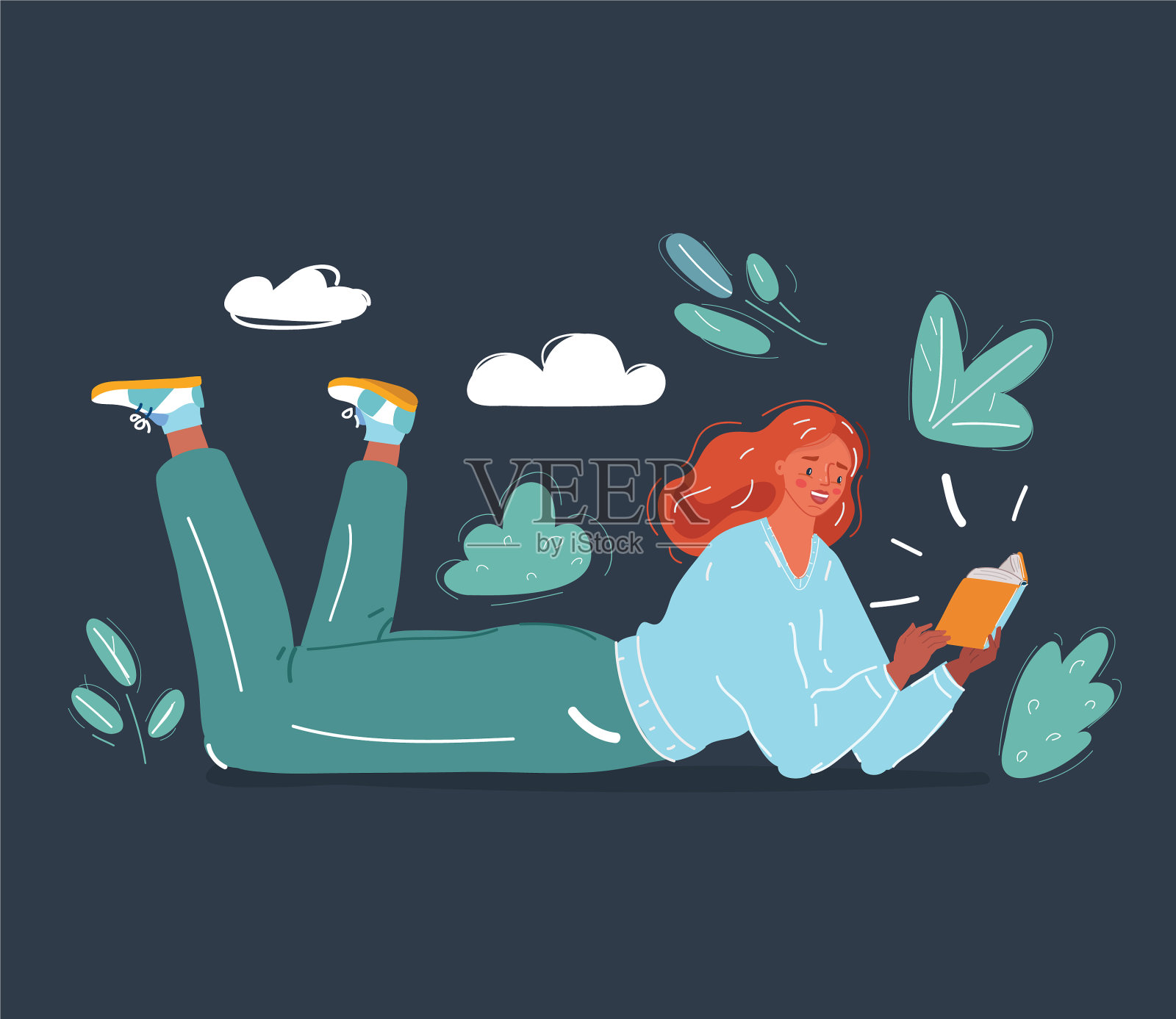 年轻女孩躺在地板上插画图片素材