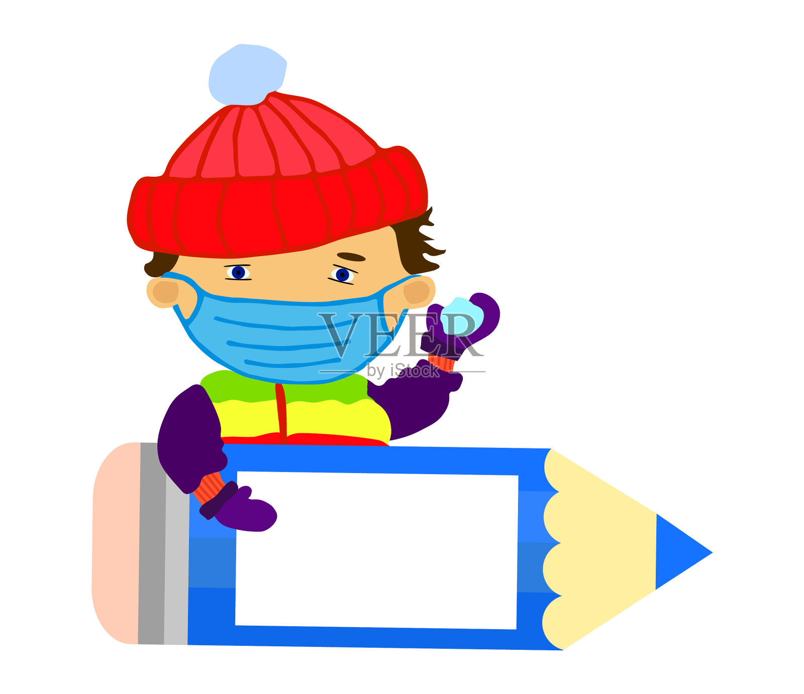 男孩与铅笔框架文本医疗面具插画图片素材