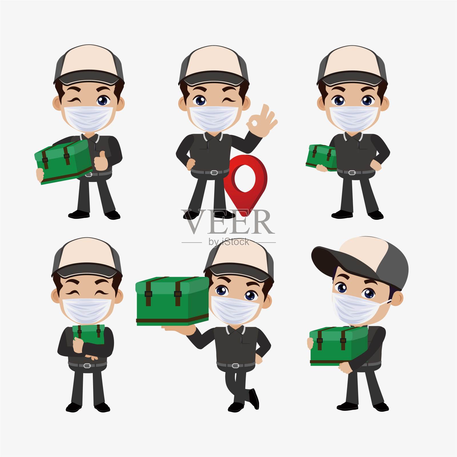快递员戴着防护面具，摆着不同的姿势插画图片素材