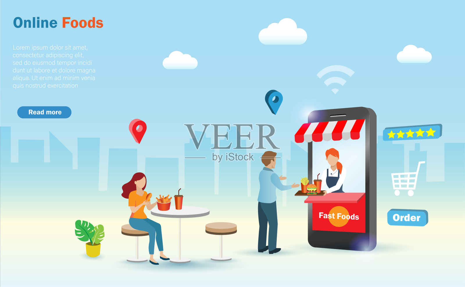 网上订餐的概念。男人在线订购快餐从女厨师在食品应用在智能手机上。插画图片素材