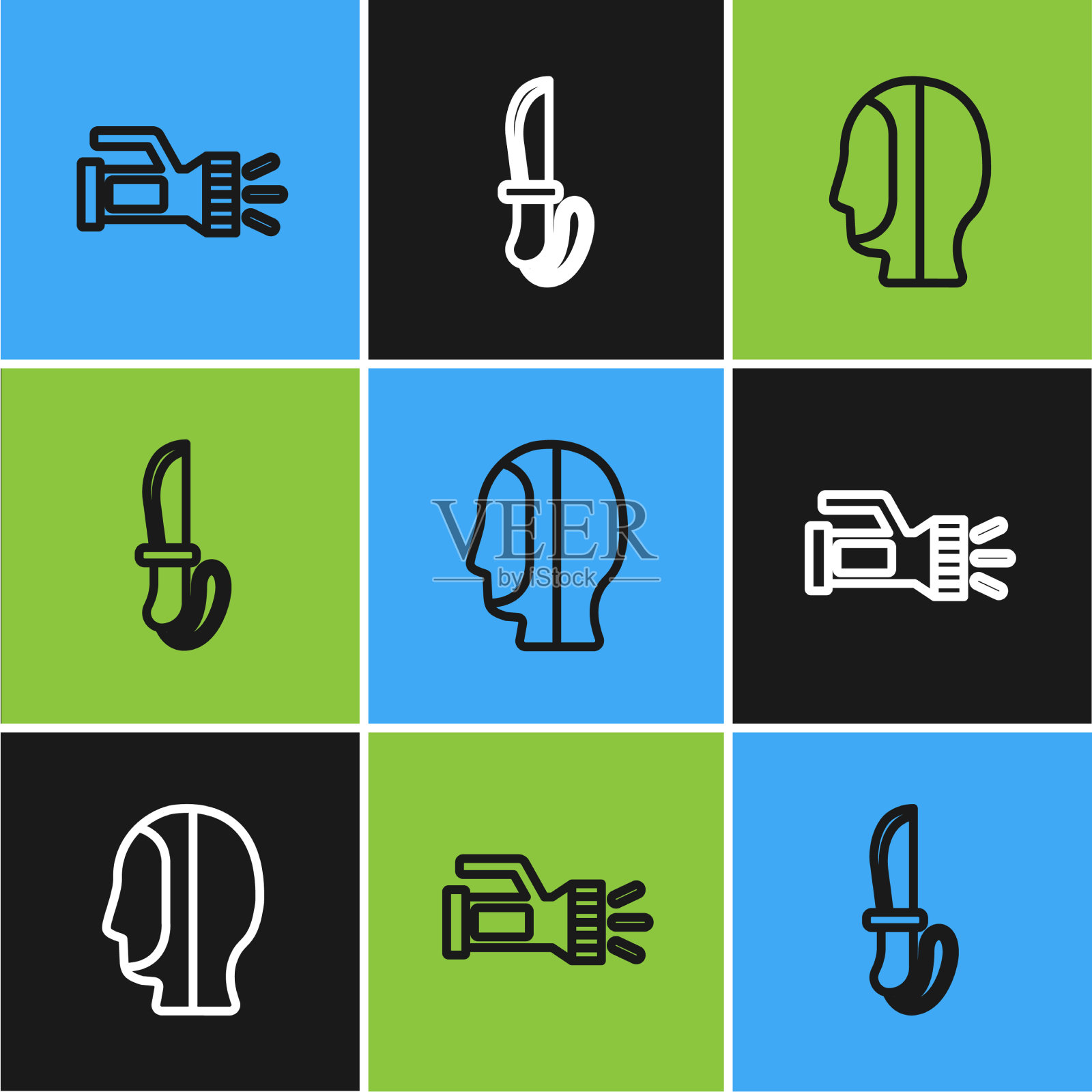 设置线手电筒的潜水罩和刀的图标图标素材