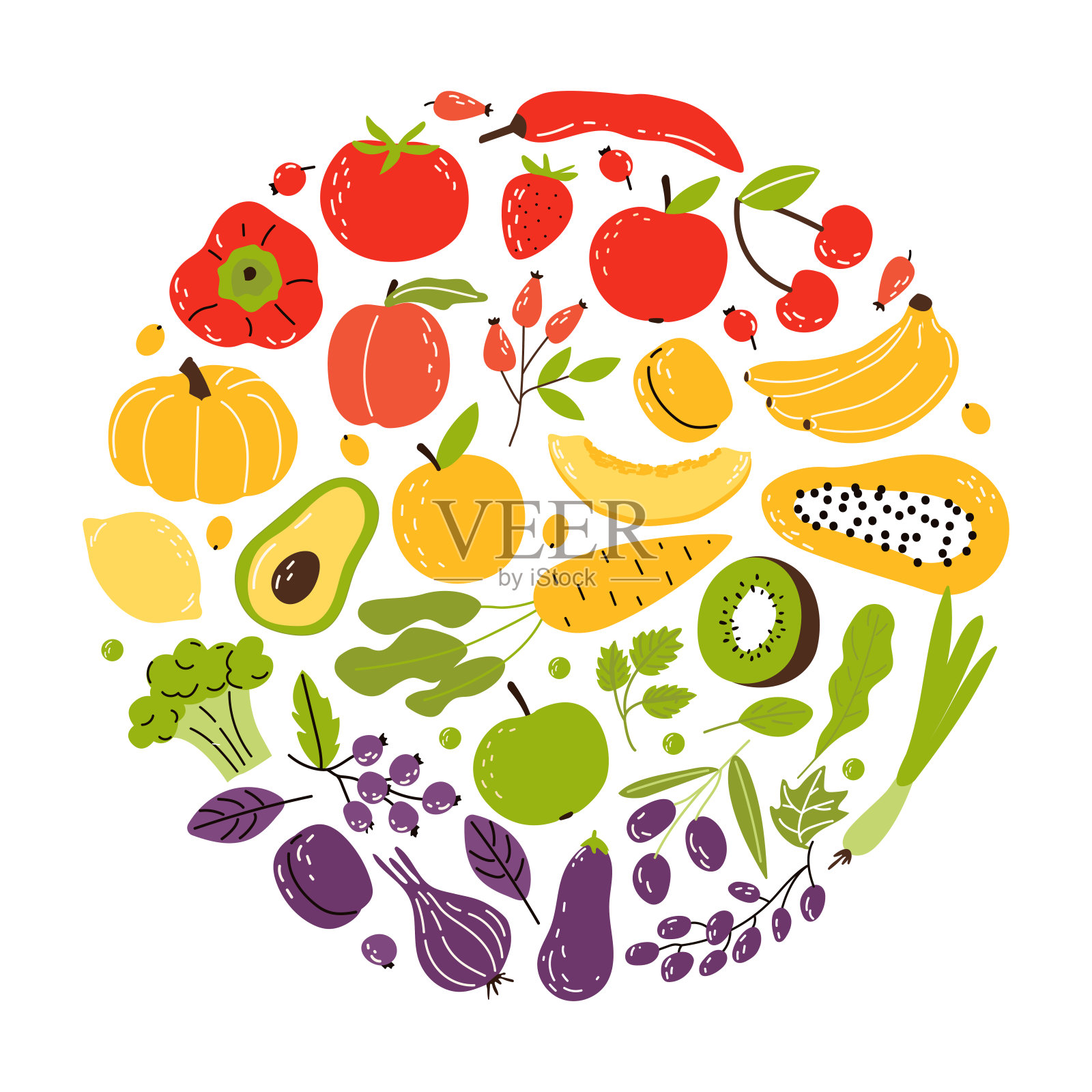 集产品于一圈，健康食品。水果、蔬菜和坚果以彩虹的颜色过渡排列。卡通平面矢量插图孤立在白色背景。插画图片素材