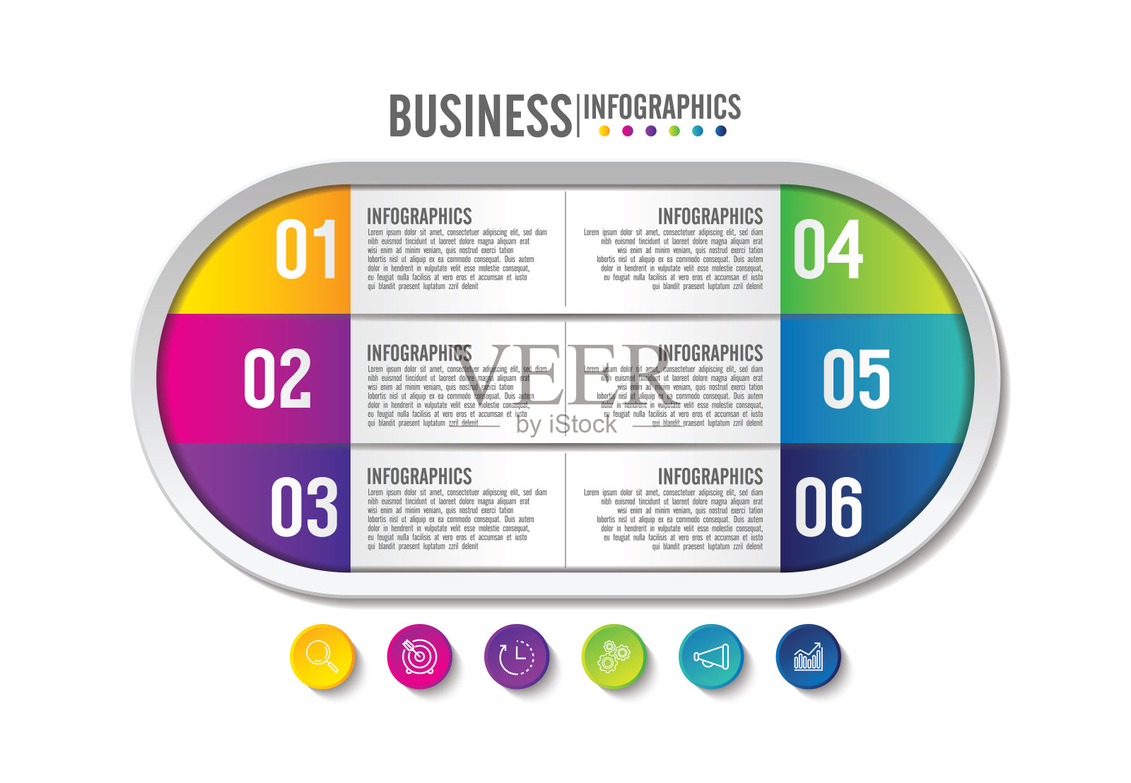 演示业务信息图模板彩色有6个步骤设计模板素材