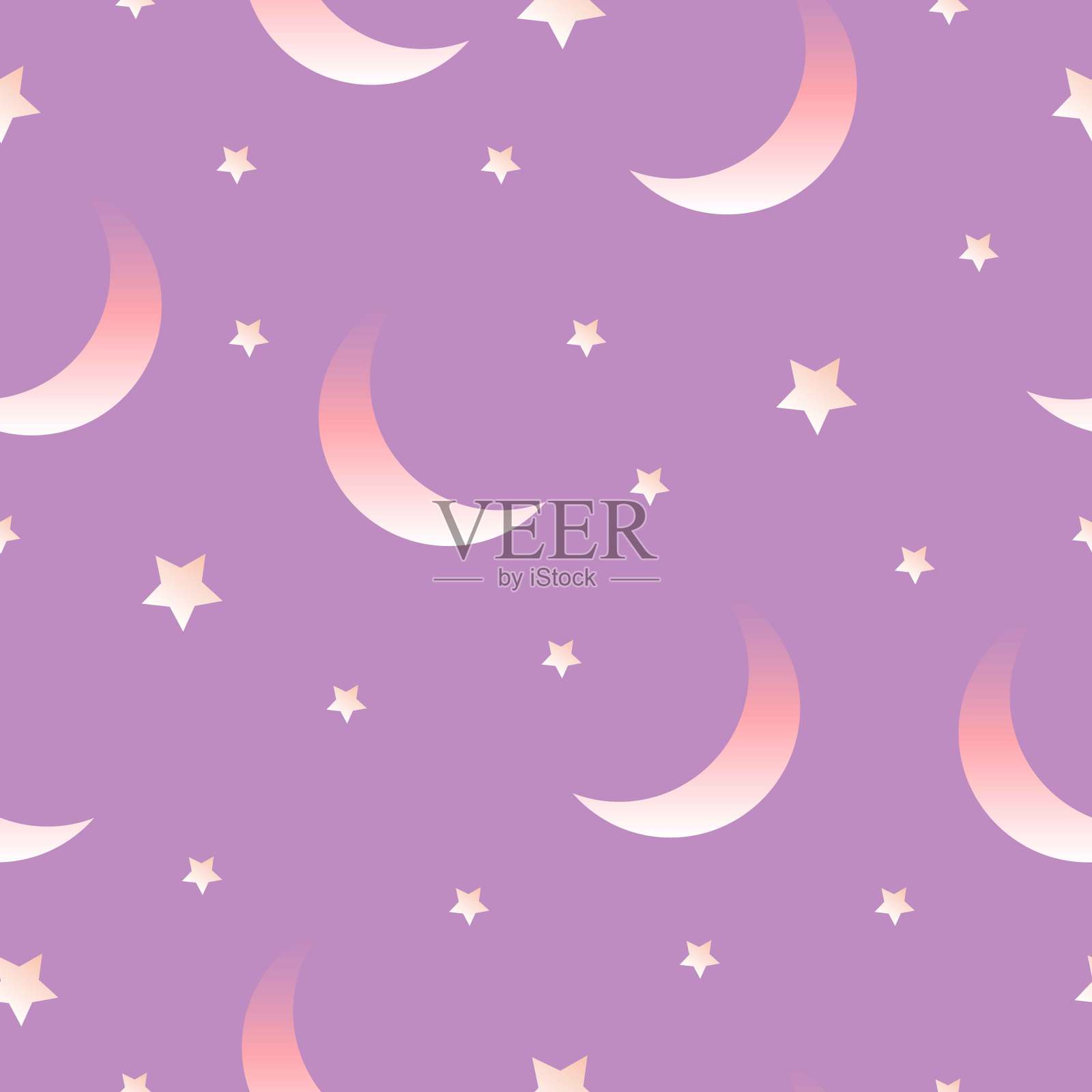 月亮和星星的无缝图案。粉色backround。紫色、紫色和白色的渐变。卡通风格。为孩子们设计。明信片、纺织品、墙纸、剪贴簿、包装纸和育婴室插画图片素材