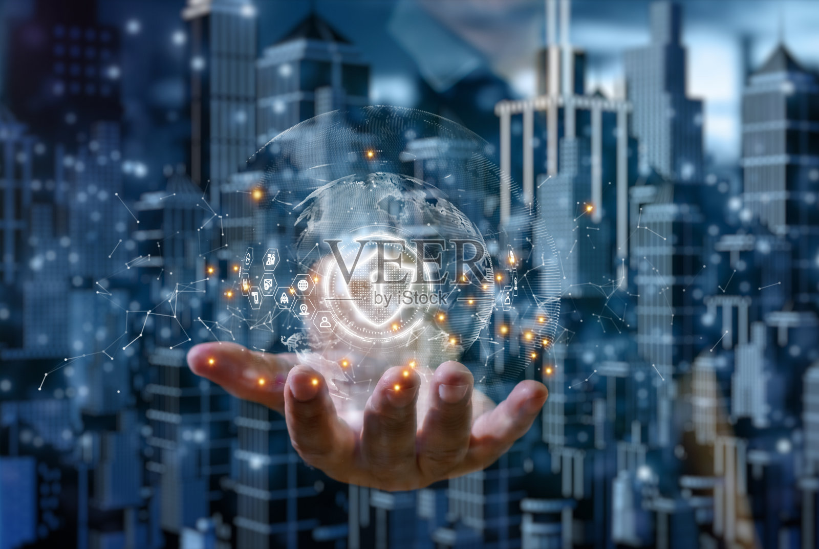 盾标与HUD携手打造智慧城市网络安全、数字数据网络保护、科技全球网络大数据分析背景概念照片摄影图片