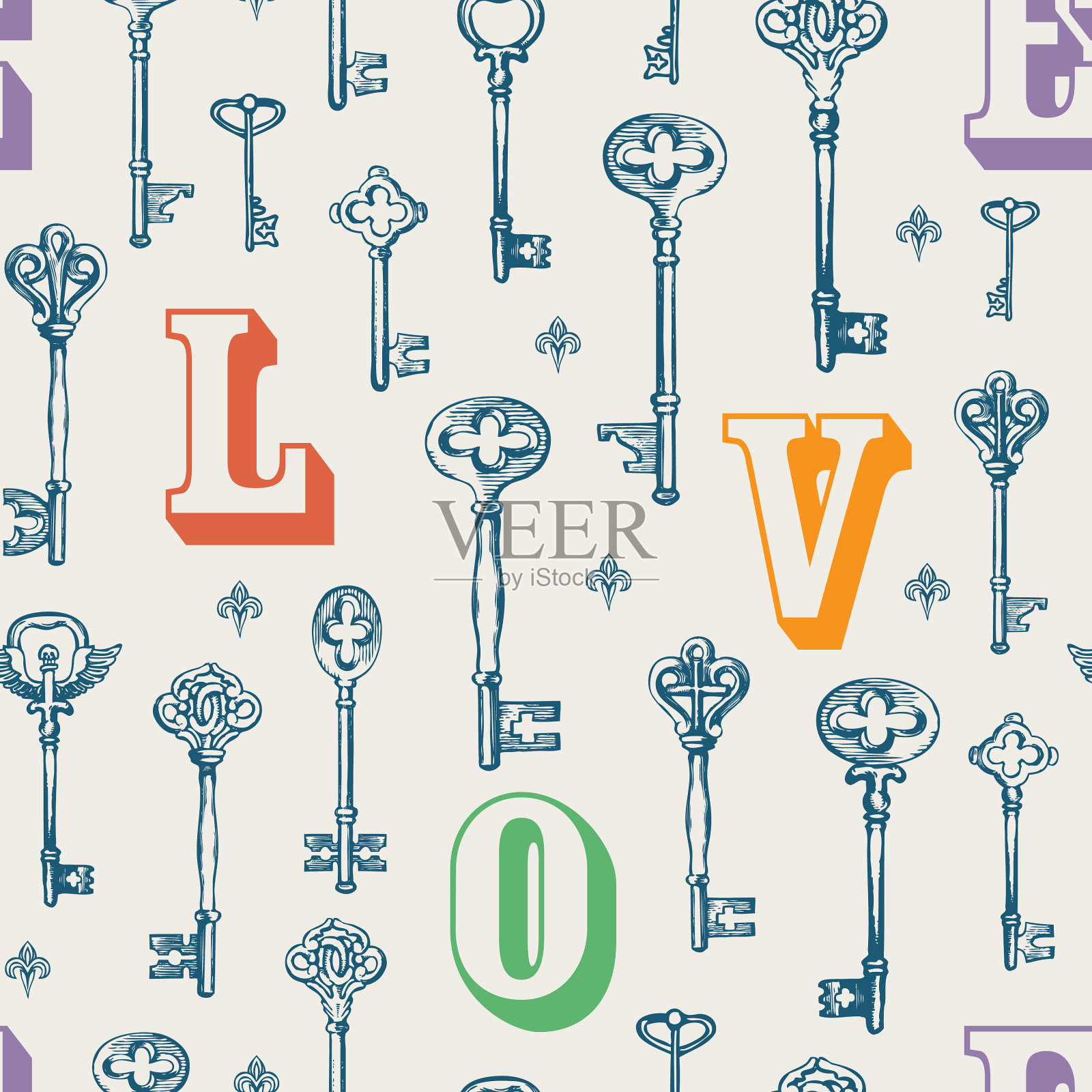 无缝模式的主题爱与老钥匙插画图片素材