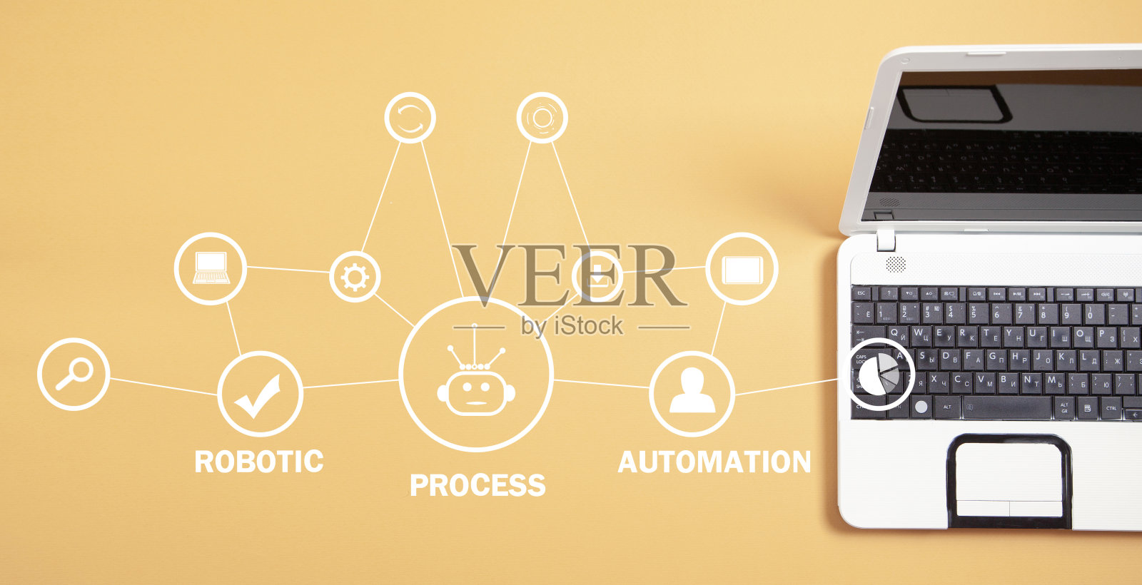 白色的笔记本电脑。RPA-Robotic过程自动化。业务、技术照片摄影图片