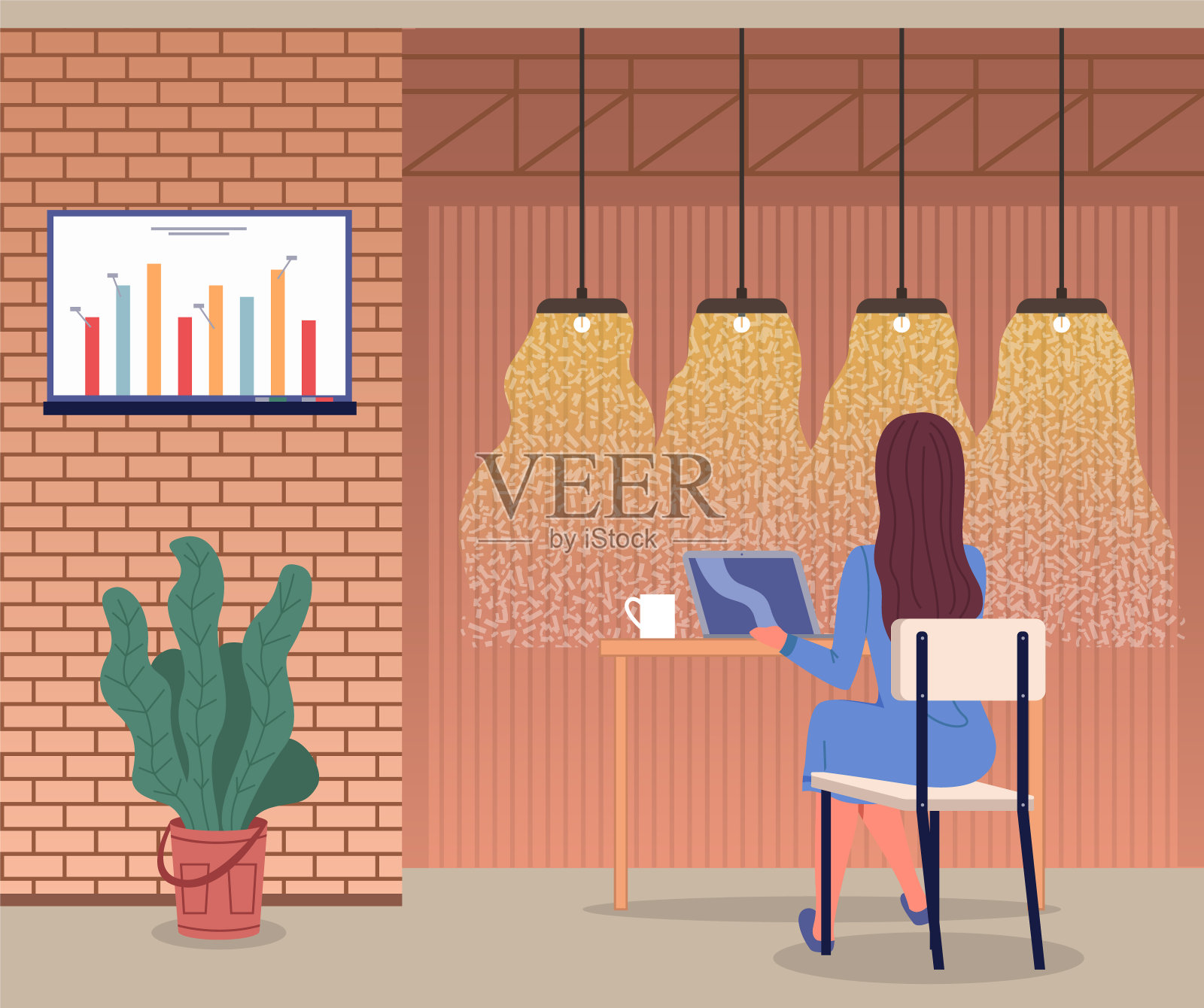 女人在咖啡馆使用笔记本电脑喝咖啡设计模板素材