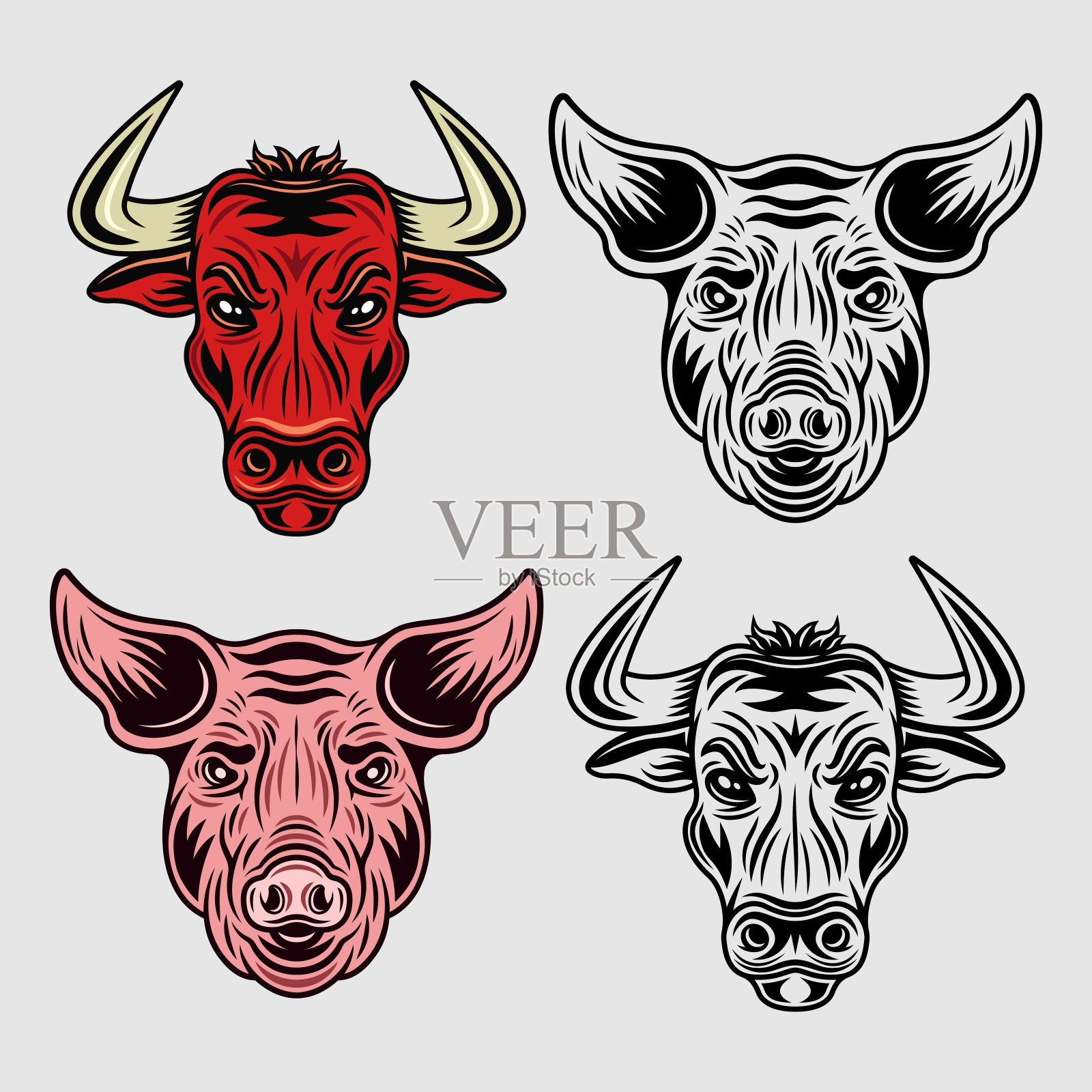 牛头和猪头卡通人物。动物向量对象集两种风格的颜色和黑色和白色插画图片素材