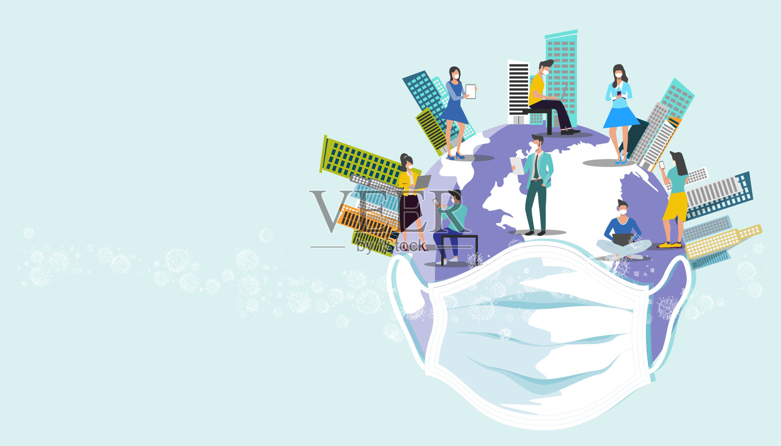 男人和女人都戴着面具。世界放口罩健康。社交距离，新冠肺炎疫情后的地标建筑插图。插画图片素材