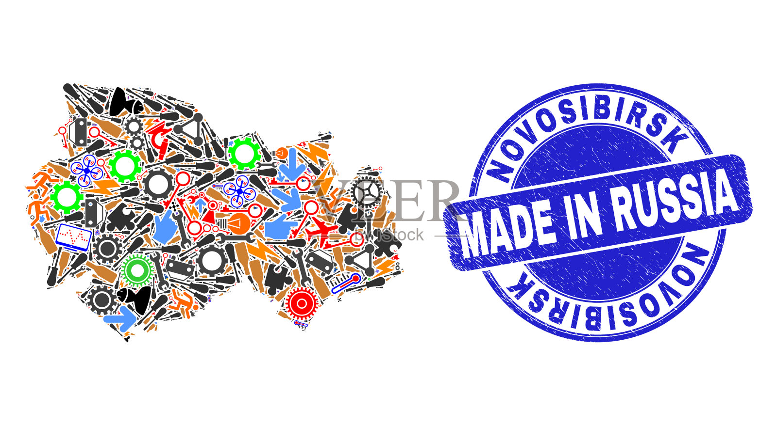 工业拼贴新西伯利亚地区地图并制作插画图片素材