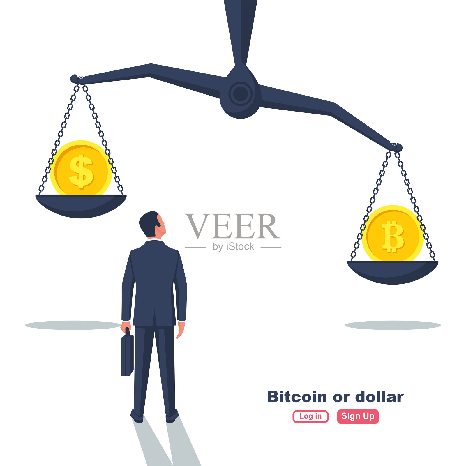 比特币还是美元。秤上的传统货币和电子货币插画图片素材