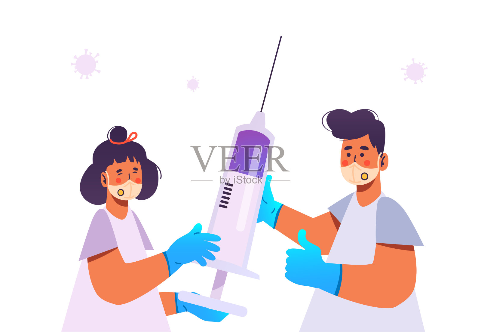 covid-19大流行期间的疫苗接种。冠状病毒疫苗注射器。插画图片素材