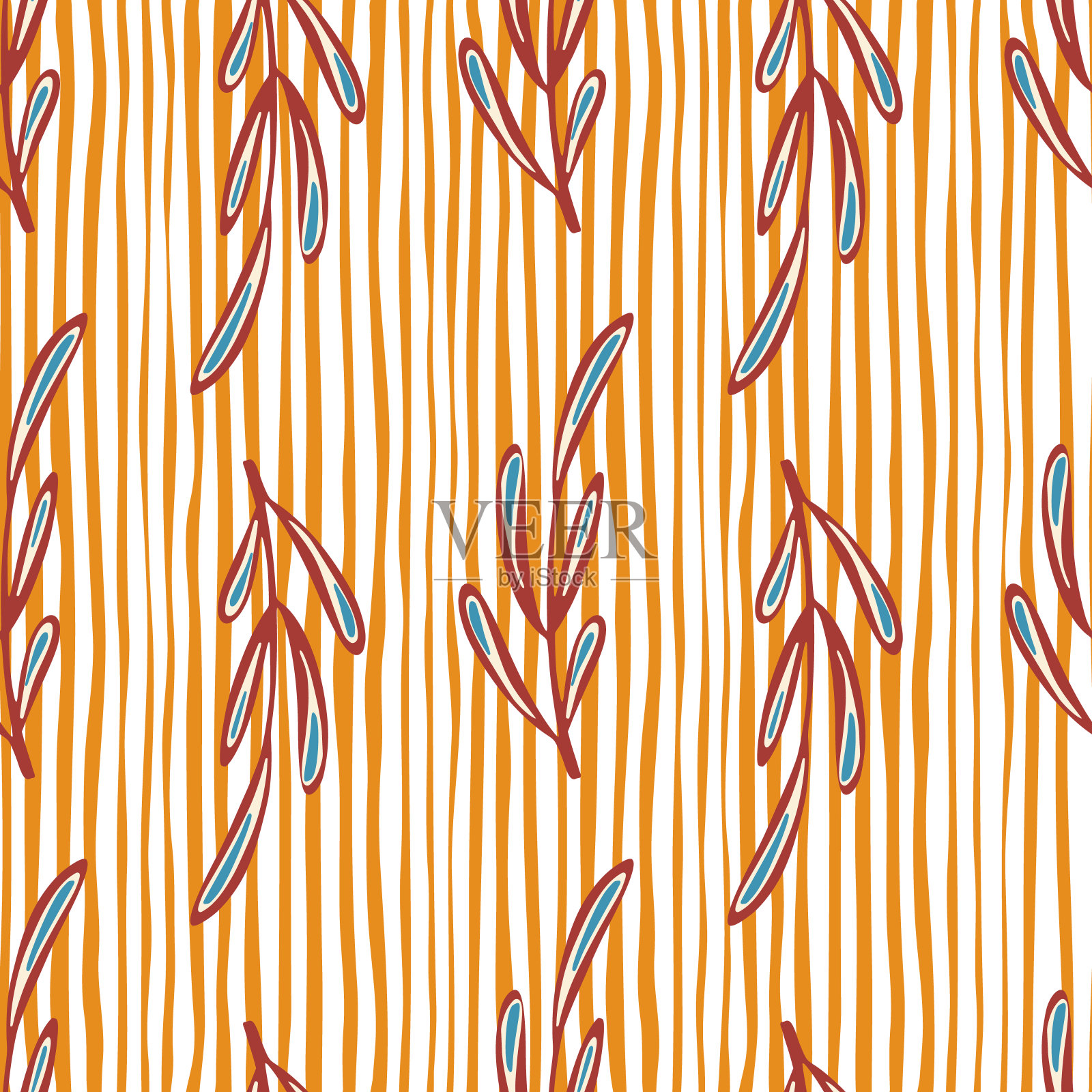 有机无缝涂鸦图案与轮廓简单的树枝形状打印。白色和黄色条纹背景。插画图片素材