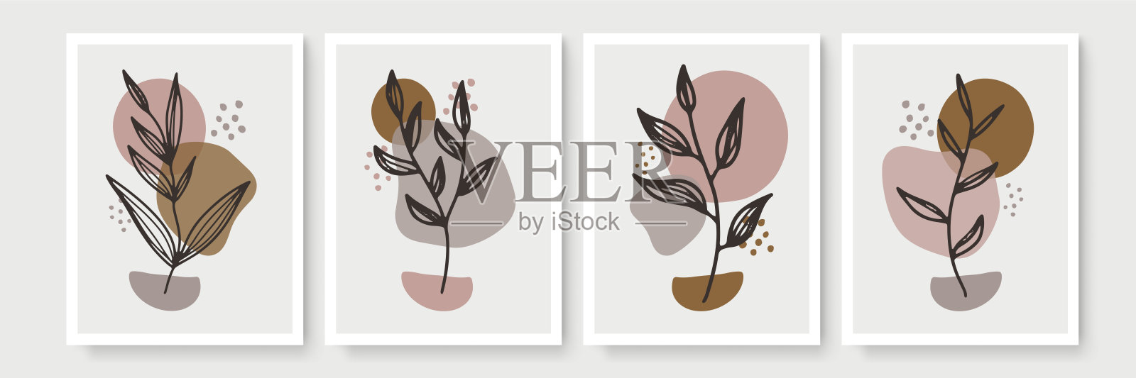 植物墙艺术向量集。大地色调波西叶线艺术绘画与抽象的形状。抽象植物艺术设计版画，封面，墙纸，最小和自然的墙壁艺术插画图片素材