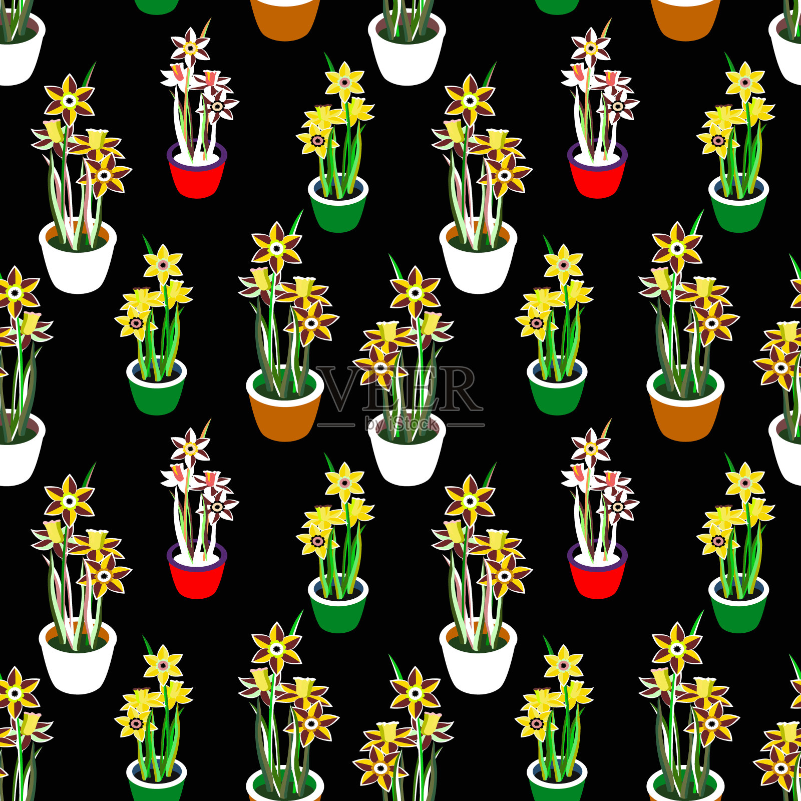 向量-水仙花花盆无缝模式。插画图片素材