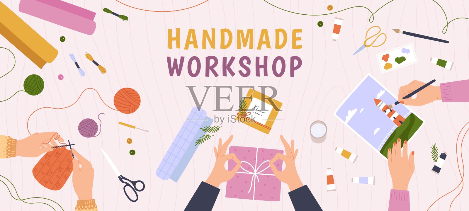创造性的工艺车间。桌面视图与手工手工爱好手工工作，编织，diy礼物和绘画。美术工艺品类向量横幅插画图片素材