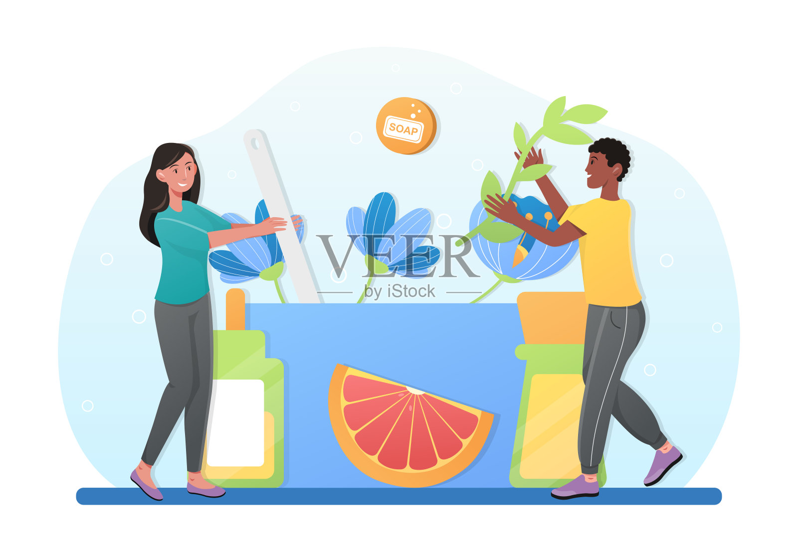 男性和女性角色一起制作手工肥皂插画图片素材