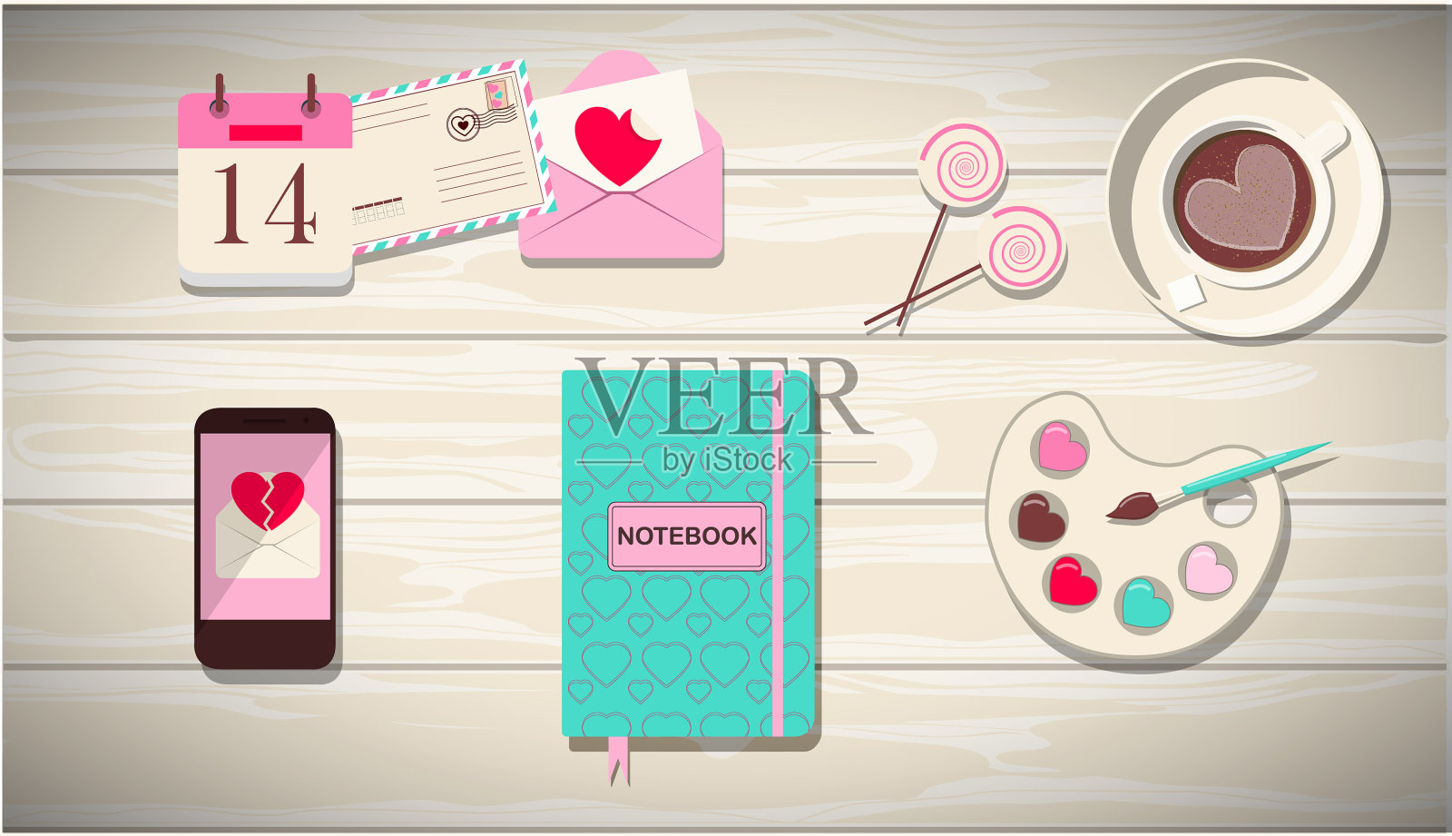 俯视图木质桌子与情人节插画图片素材