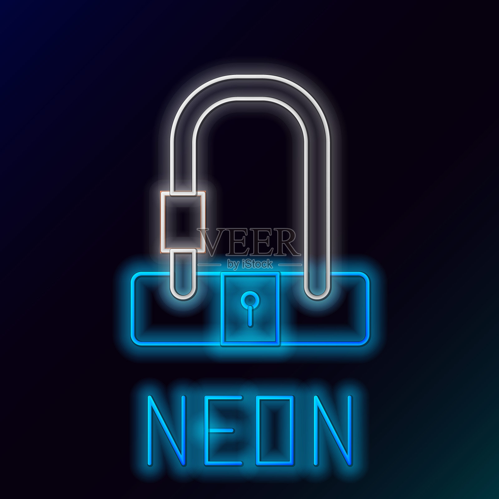 发光的霓虹灯线自行车锁U形工业图标孤立在黑色背景。色彩斑斓的轮廓的概念。向量插画图片素材