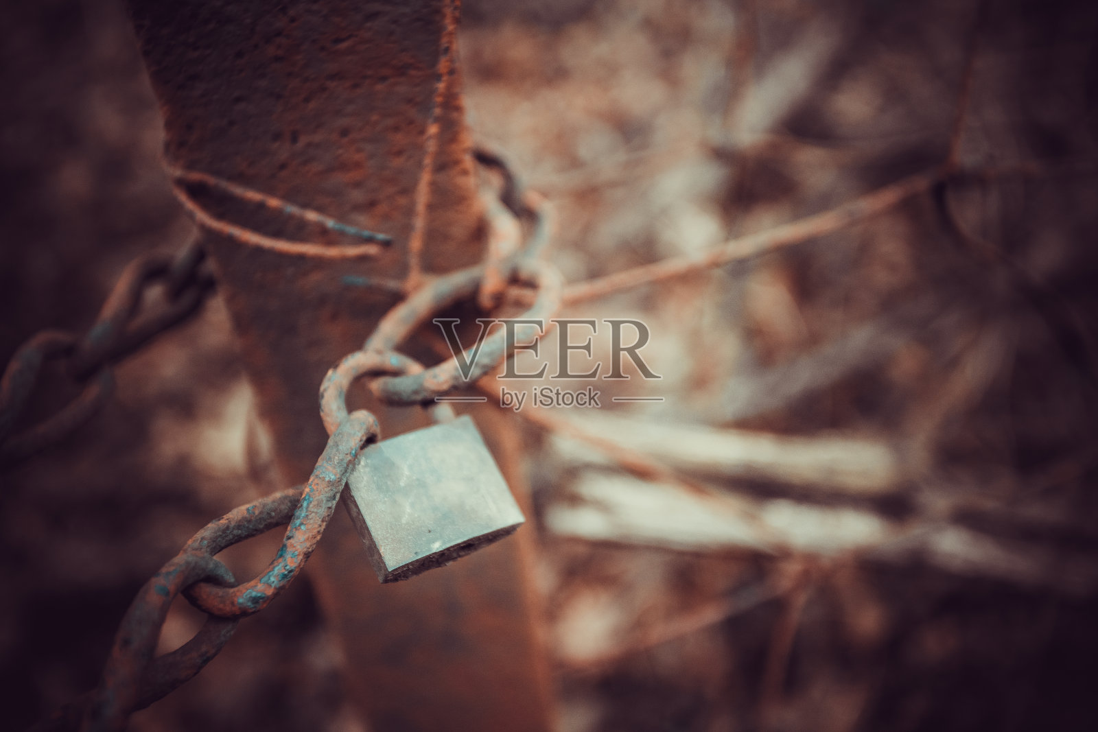 生锈的大门上有一座生锈的旧城堡照片摄影图片