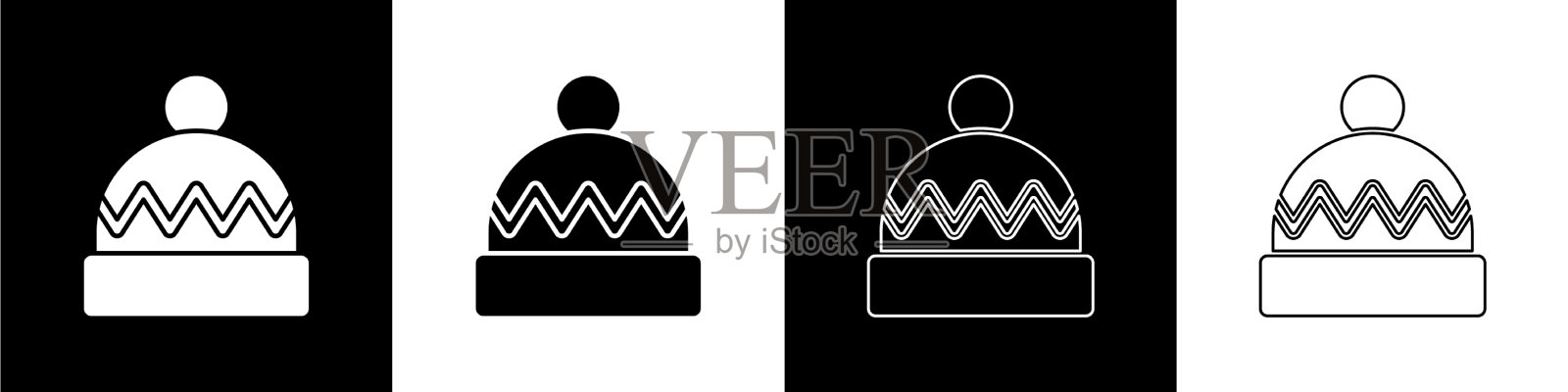 设置冬季帽子图标隔离在黑色和白色图标素材