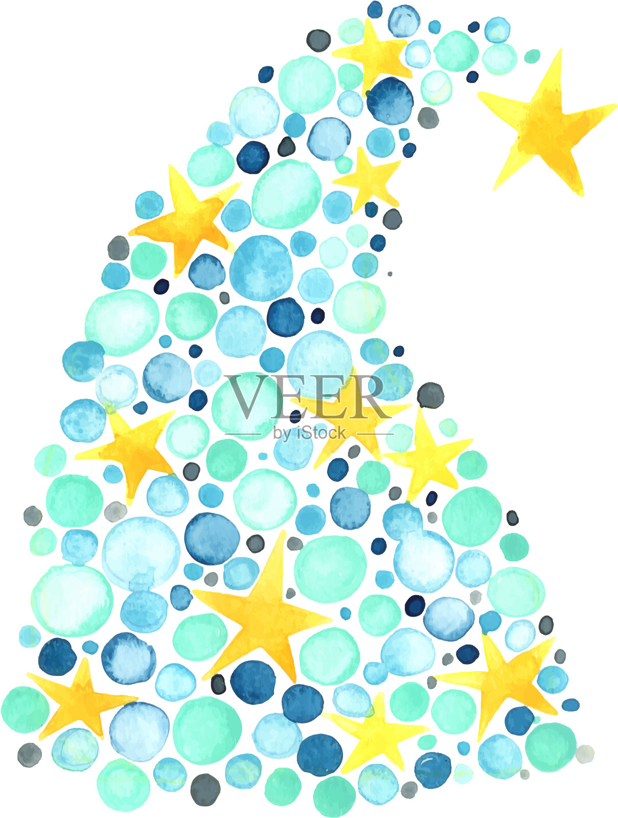 蓝球和星星圣诞树水彩画设计元素图片