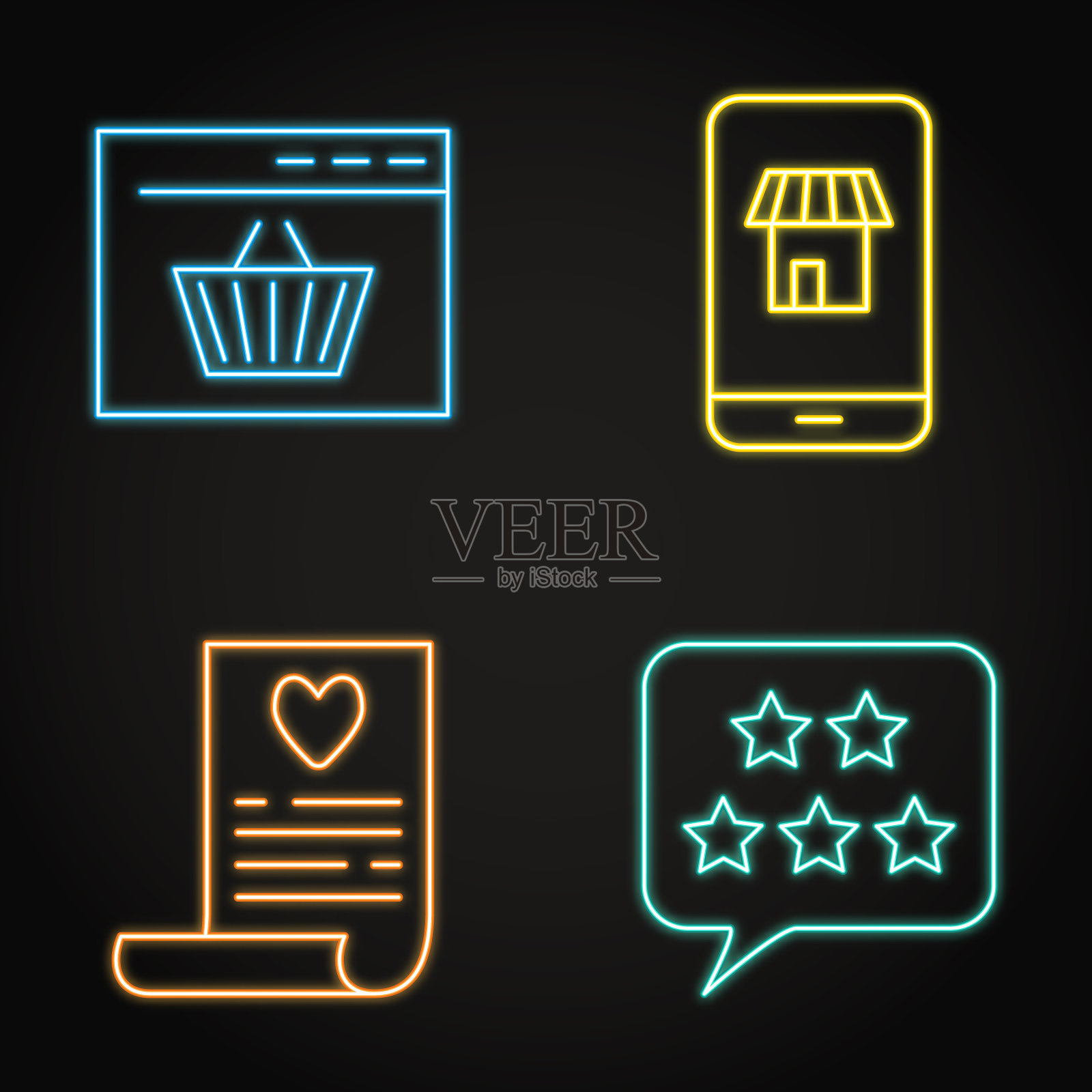 霓虹互联网商务图标设置在线条风格图标素材