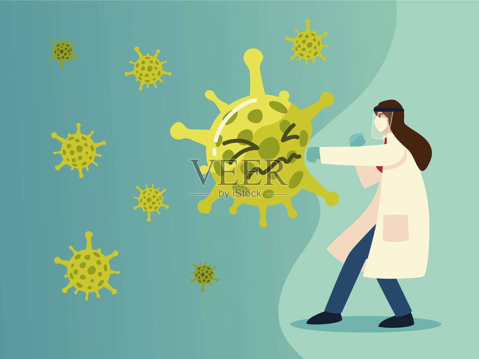 Covid - 19病毒防护和女医生的打击插画图片素材