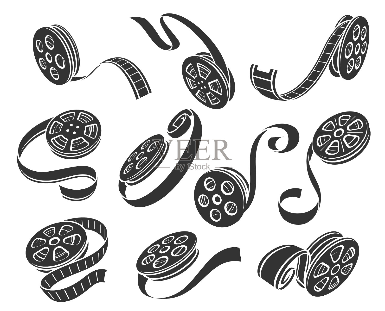 电影卷轴大胆的黑色剪影图标设置孤立图标素材