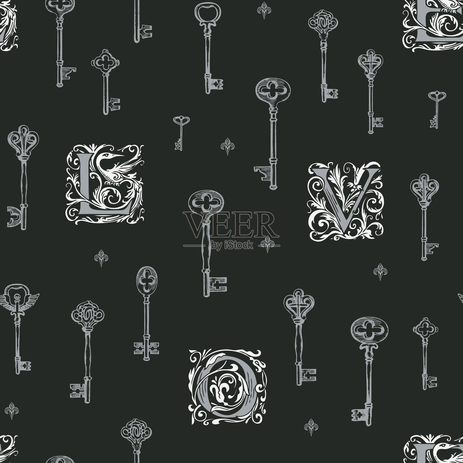 无缝模式的主题爱与老钥匙插画图片素材