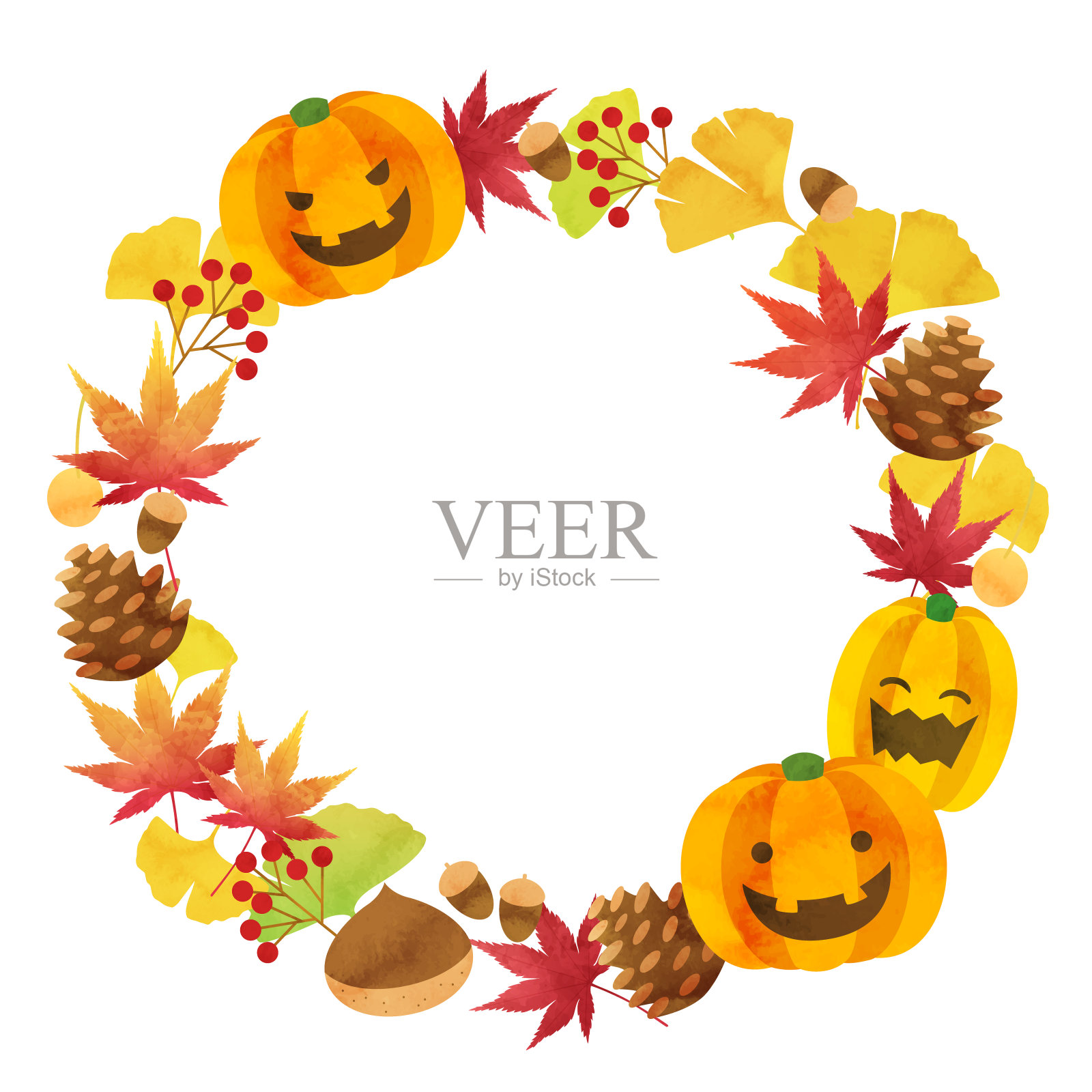 万圣节矢量插图框架秋季植物和南瓜设计元素图片