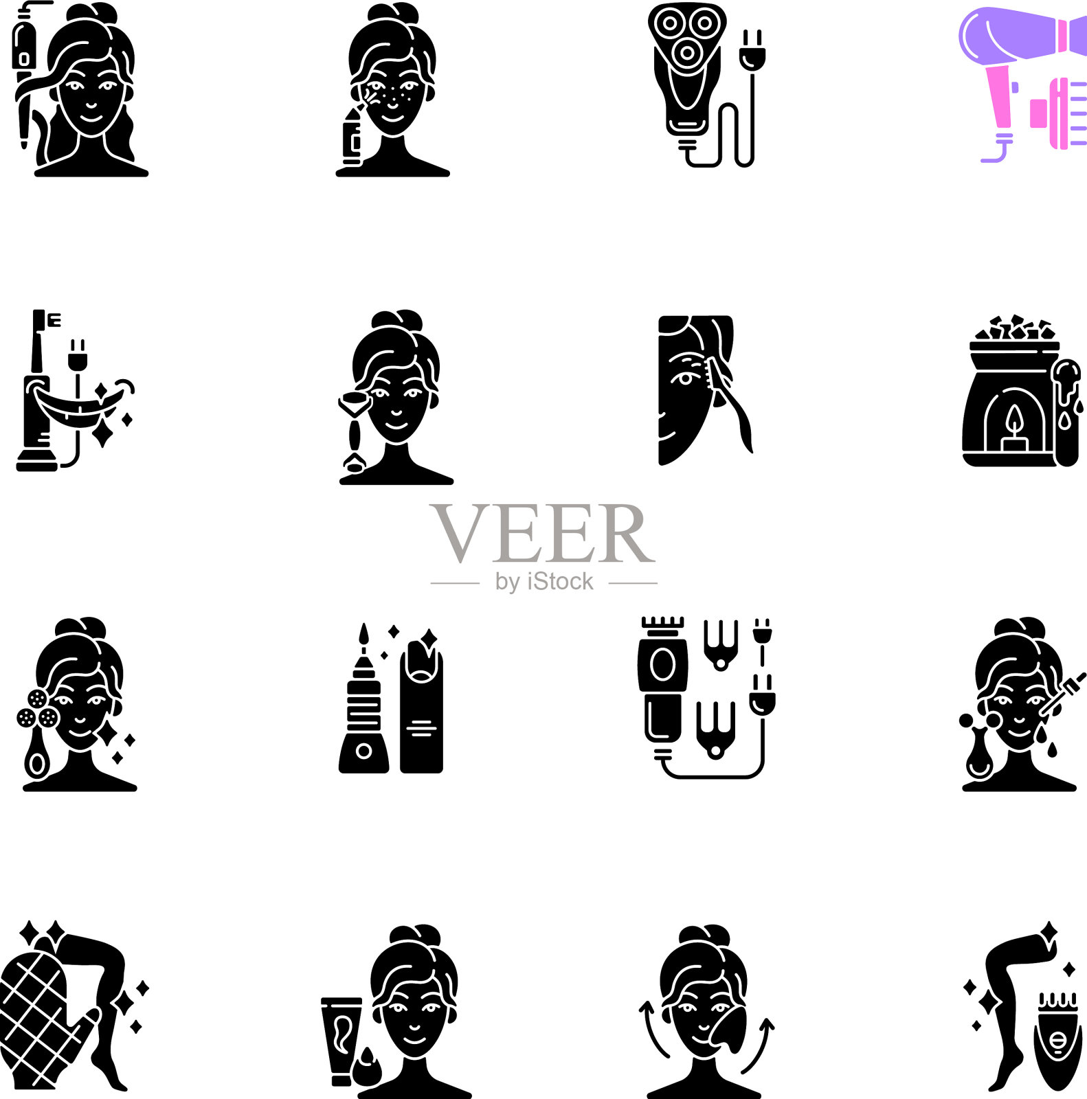 美容小工具黑色象形文字图标设置在白色图标素材