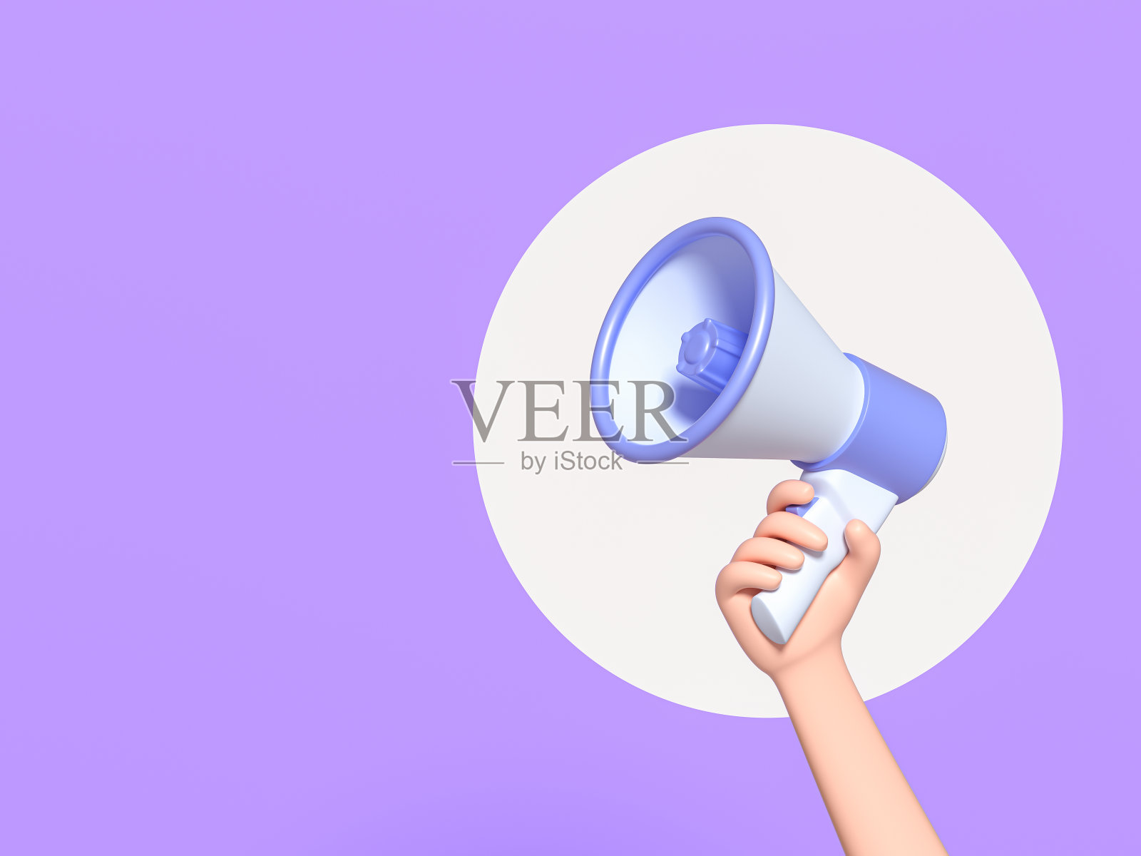卡通手持扩音器与讲话气泡在紫色背景与复制空间。3 d渲染图照片摄影图片