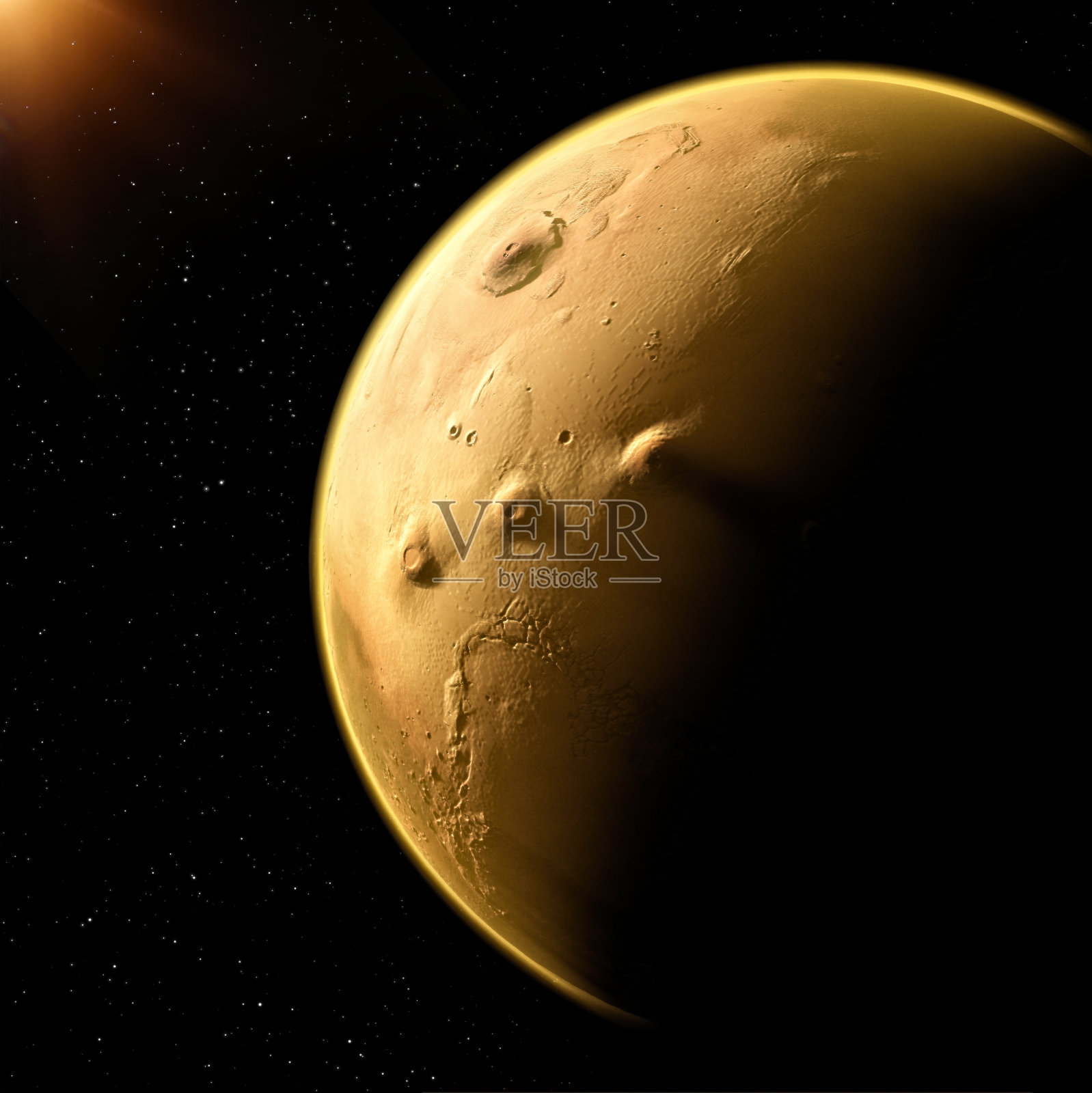 火星的卫星视图，火星表面的细节和特征。红色星球的陨石坑、山谷和山脉照片摄影图片